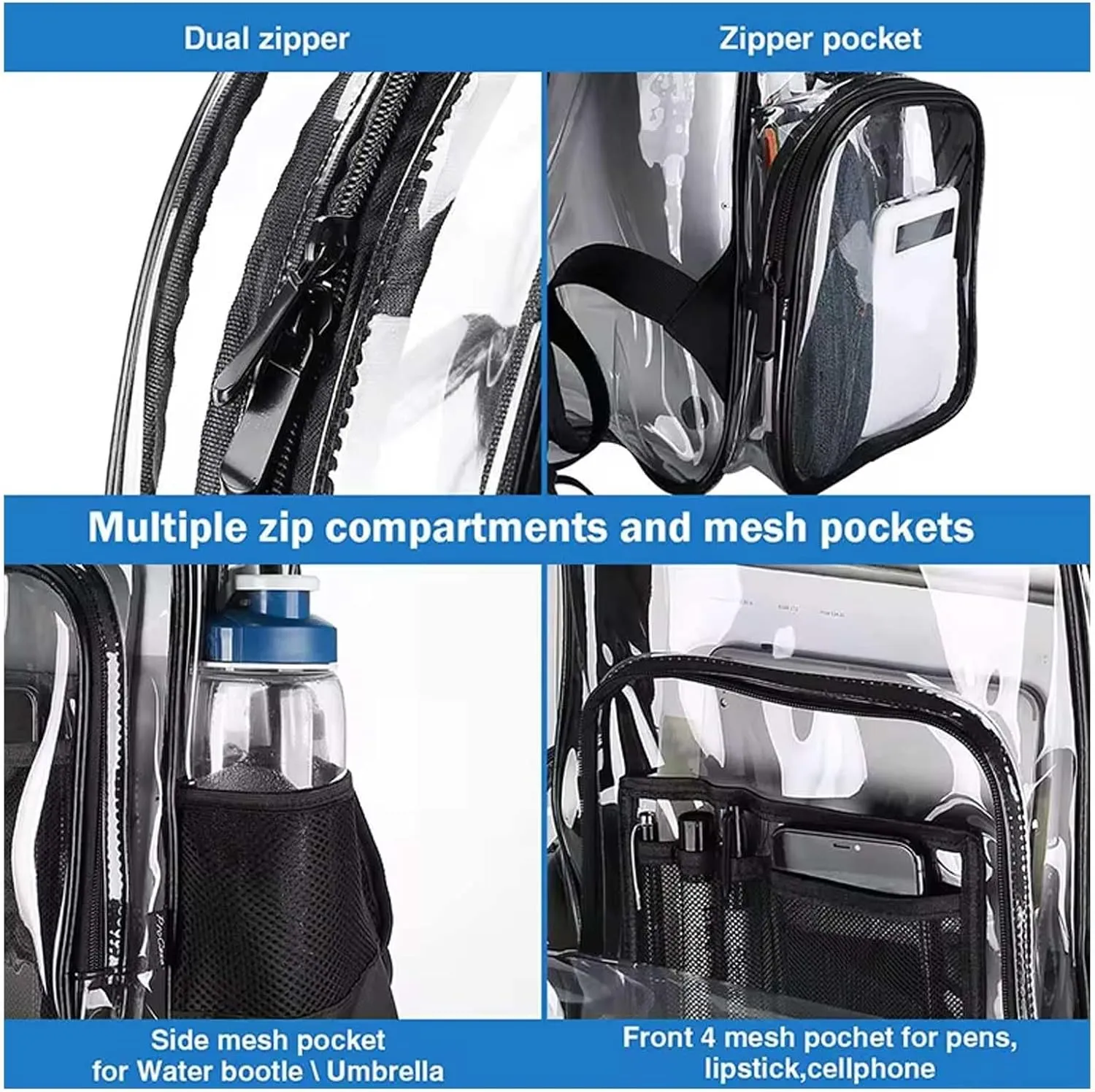| Clear Backpack Heavy Duty - PVC Transparent Backpack Large Clear Book Bag for College Work (Black II)
