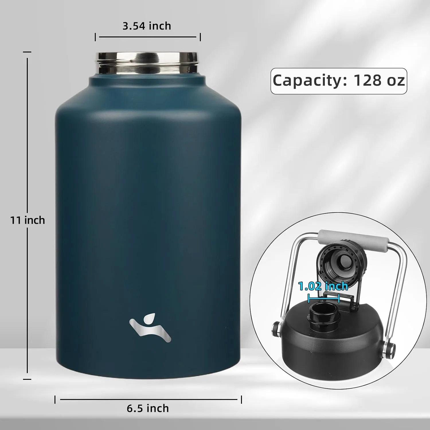 1 Gallon Jug with Handle,128 oz Insulated Water Bottle with Carrying Pouch, Double Wall Vacuum Stainless Steel Metal Bottle,Navy blue