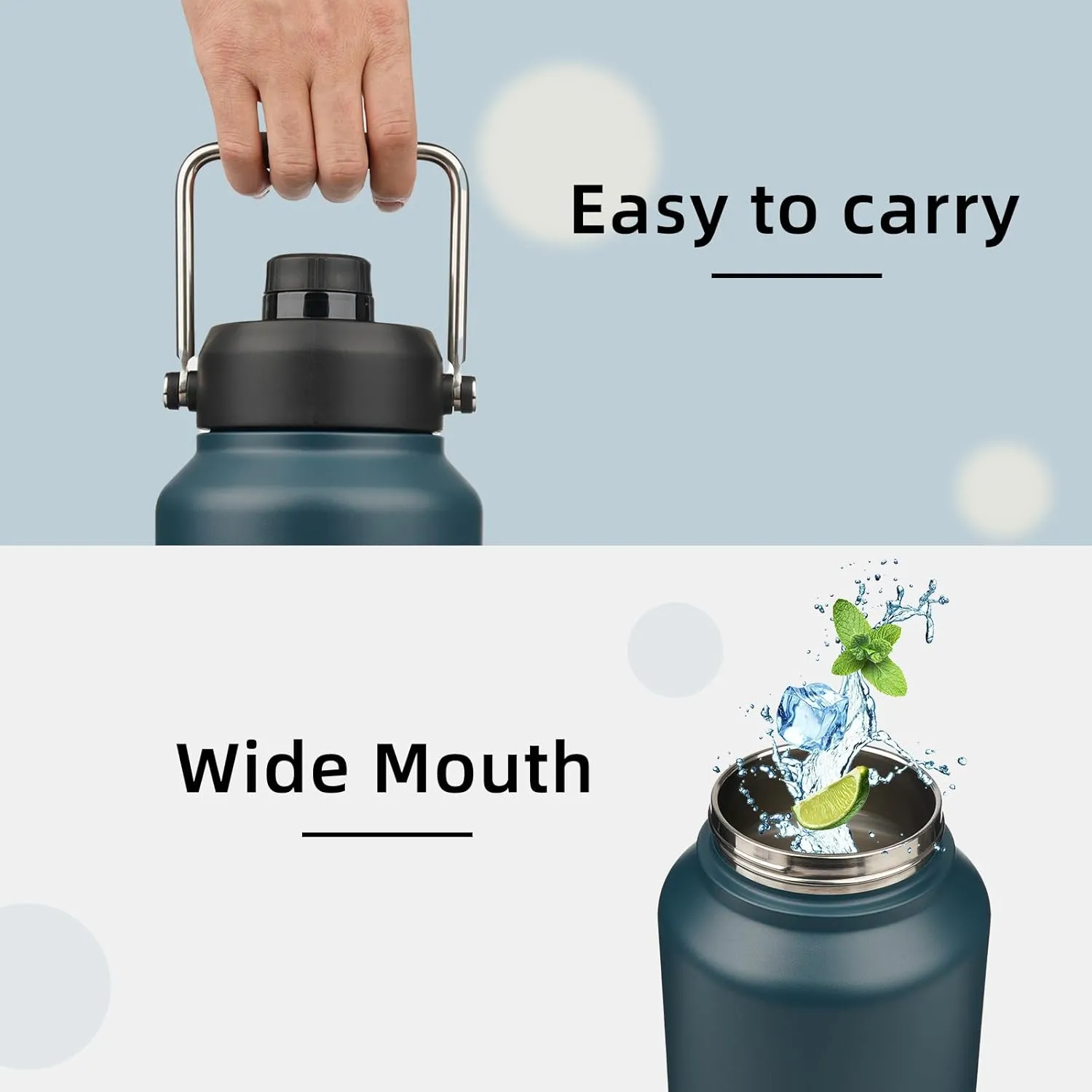 1 Gallon Jug with Handle,128 oz Insulated Water Bottle with Carrying Pouch, Double Wall Vacuum Stainless Steel Metal Bottle,Navy blue