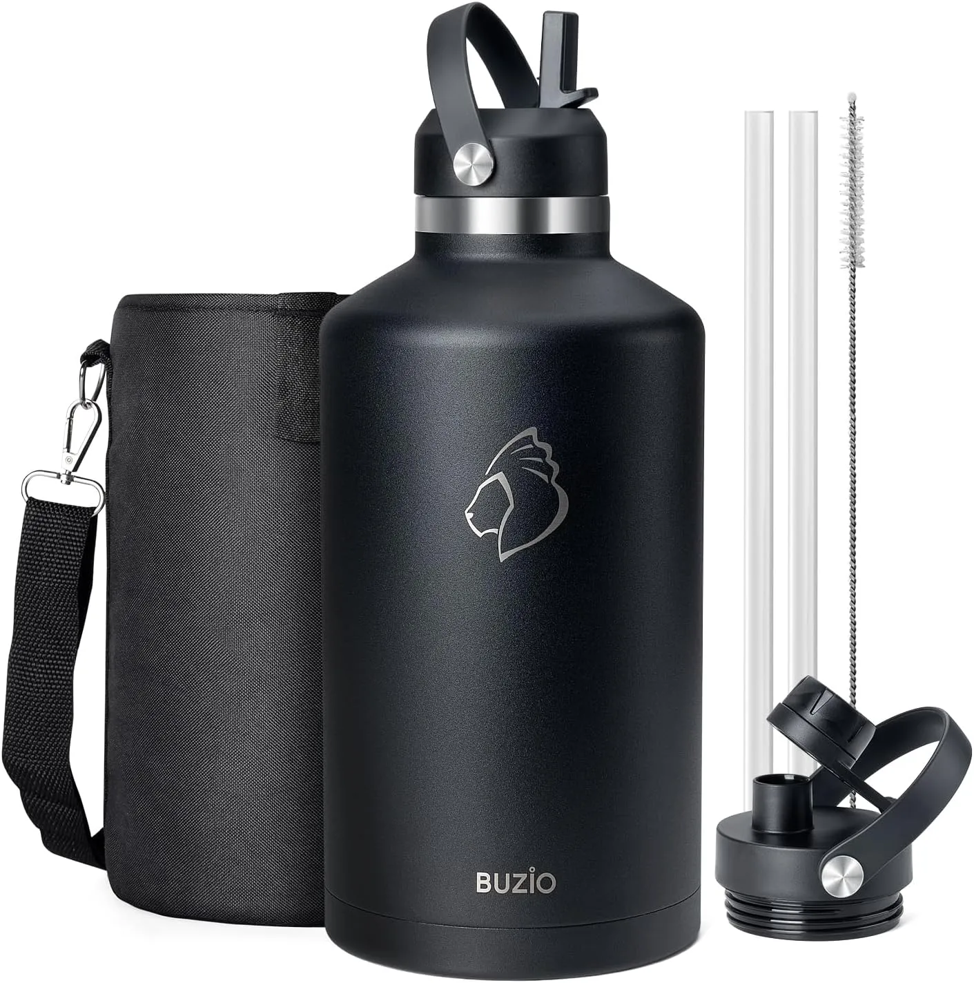 1 Gallon Water Bottle with Straw Lid, BUZIO 128oz Stainless Steel Insulated Water Jug with Carrying Pouch, Double Wall Vacuum Wide Mouth Big Water Flask Metal Canteen for Gym Sports Camping, Black