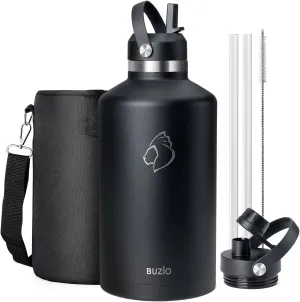 1 Gallon Water Bottle with Straw Lid, BUZIO 128oz Stainless Steel Insulated Water Jug with Carrying Pouch, Double Wall Vacuum Wide Mouth Big Water Flask Metal Canteen for Gym Sports Camping, Black