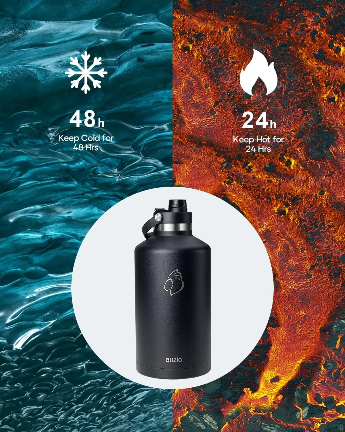 1 Gallon Water Bottle with Straw Lid, BUZIO 128oz Stainless Steel Insulated Water Jug with Carrying Pouch, Double Wall Vacuum Wide Mouth Big Water Flask Metal Canteen for Gym Sports Camping, Black