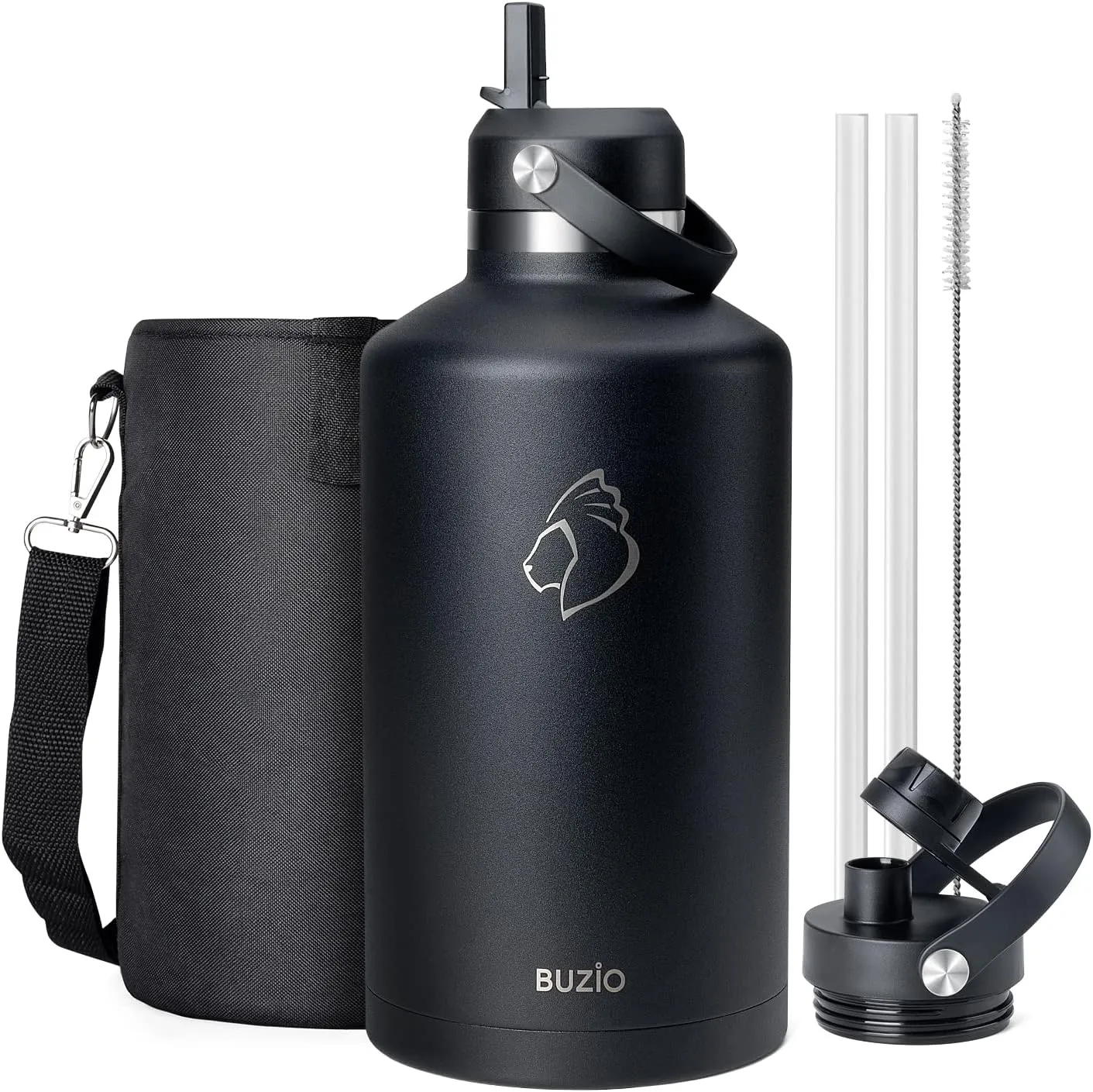 1 Gallon Water Bottle with Straw Lid, BUZIO 128oz Stainless Steel Insulated Water Jug with Carrying Pouch, Double Wall Vacuum Wide Mouth Big Water Flask Metal Canteen for Gym Sports Camping, Black