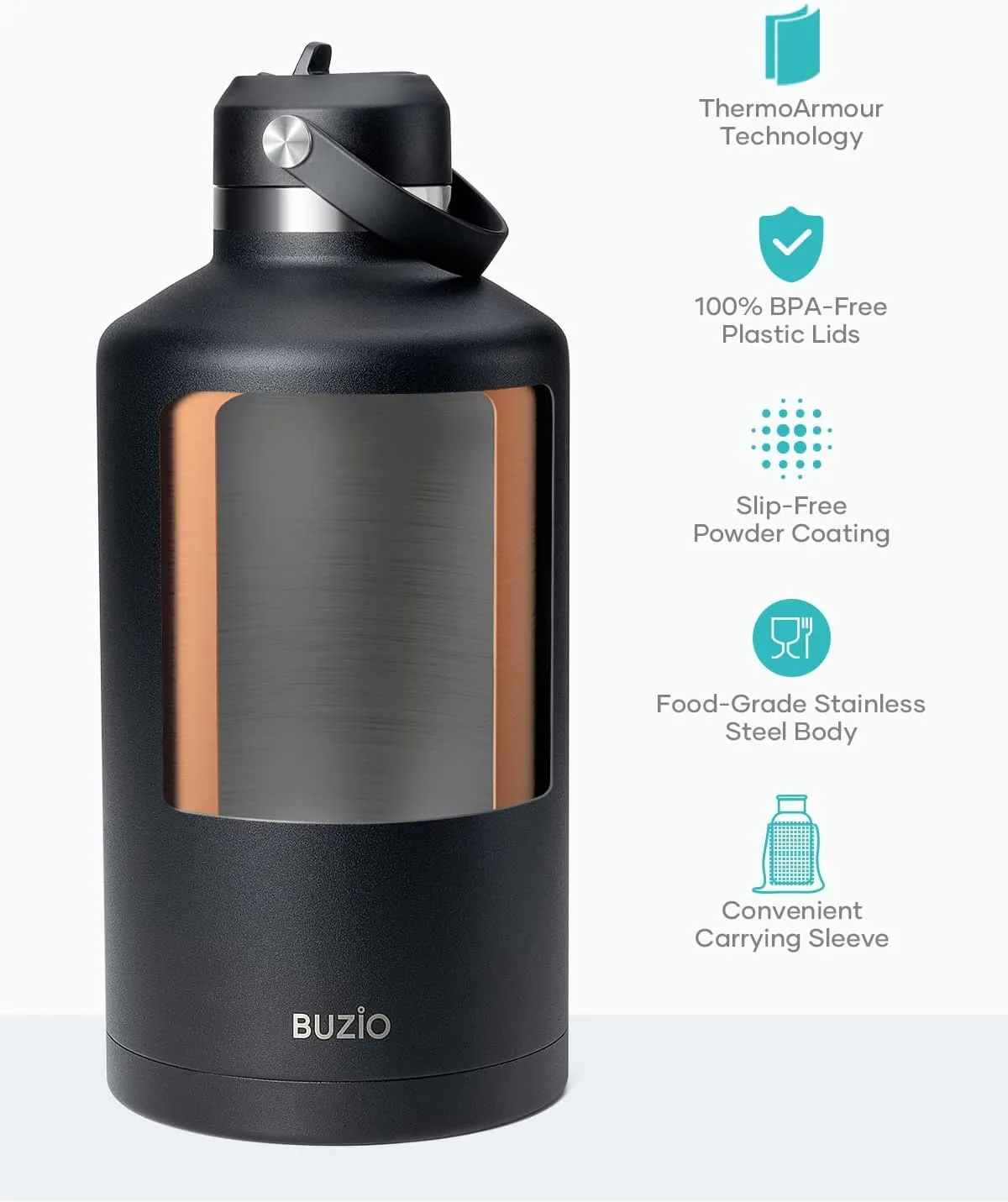 1 Gallon Water Bottle with Straw Lid, BUZIO 128oz Stainless Steel Insulated Water Jug with Carrying Pouch, Double Wall Vacuum Wide Mouth Big Water Flask Metal Canteen for Gym Sports Camping, Black