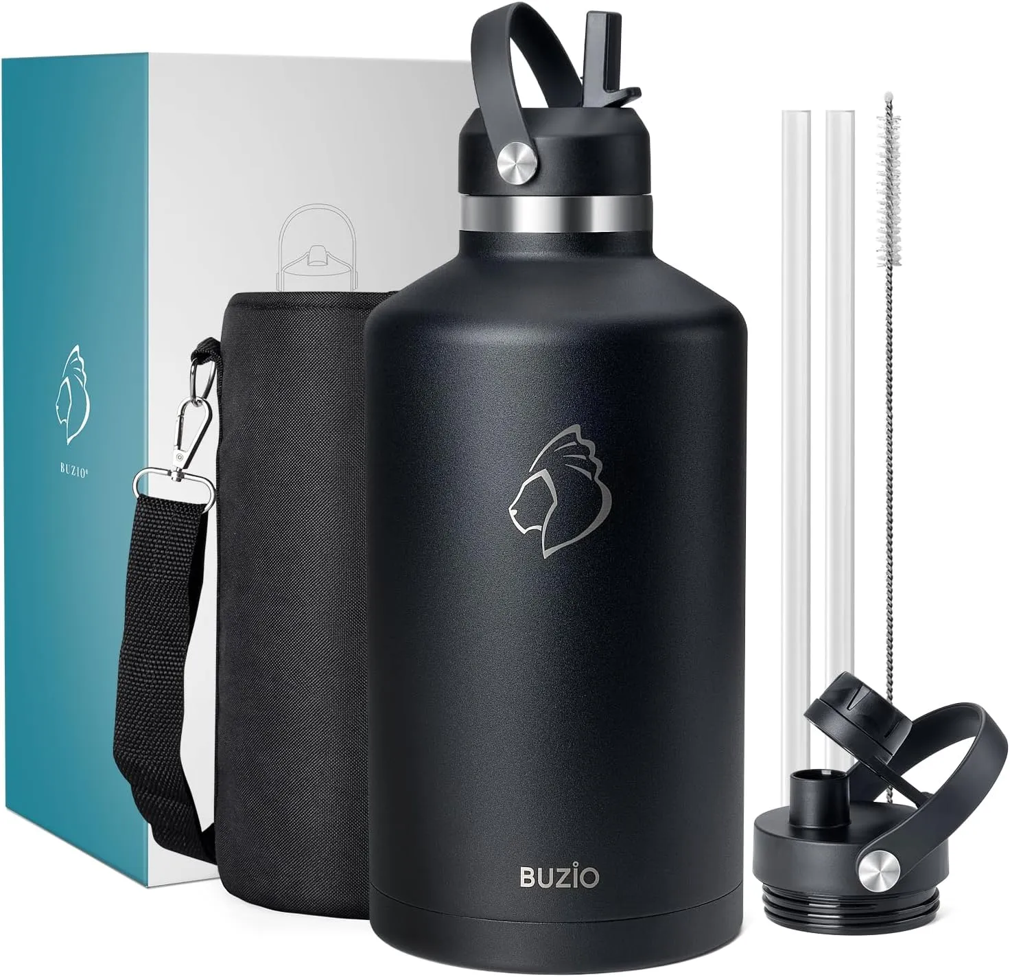 1 Gallon Water Bottle with Straw Lid, BUZIO 128oz Stainless Steel Insulated Water Jug with Carrying Pouch, Double Wall Vacuum Wide Mouth Big Water Flask Metal Canteen for Gym Sports Camping, Black