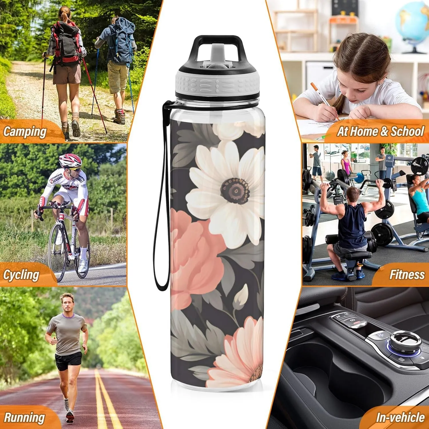 1000 ML Sports Water Bottle with Straw,Pink White Flower Reusable Water Bottle Leak Proof,BPA Free,Tritan Drink Bottle with Straw for Office,School,Gym,Outdoor Sports