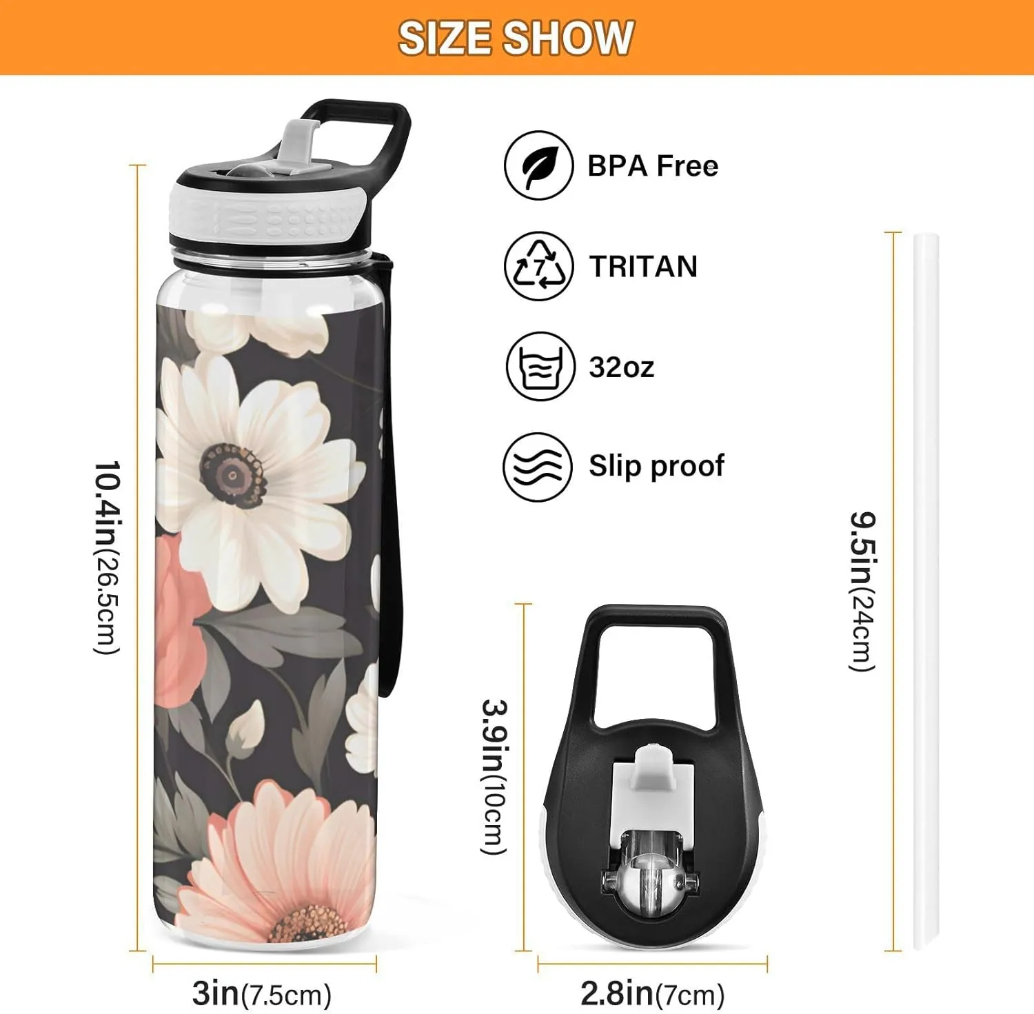 1000 ML Sports Water Bottle with Straw,Pink White Flower Reusable Water Bottle Leak Proof,BPA Free,Tritan Drink Bottle with Straw for Office,School,Gym,Outdoor Sports