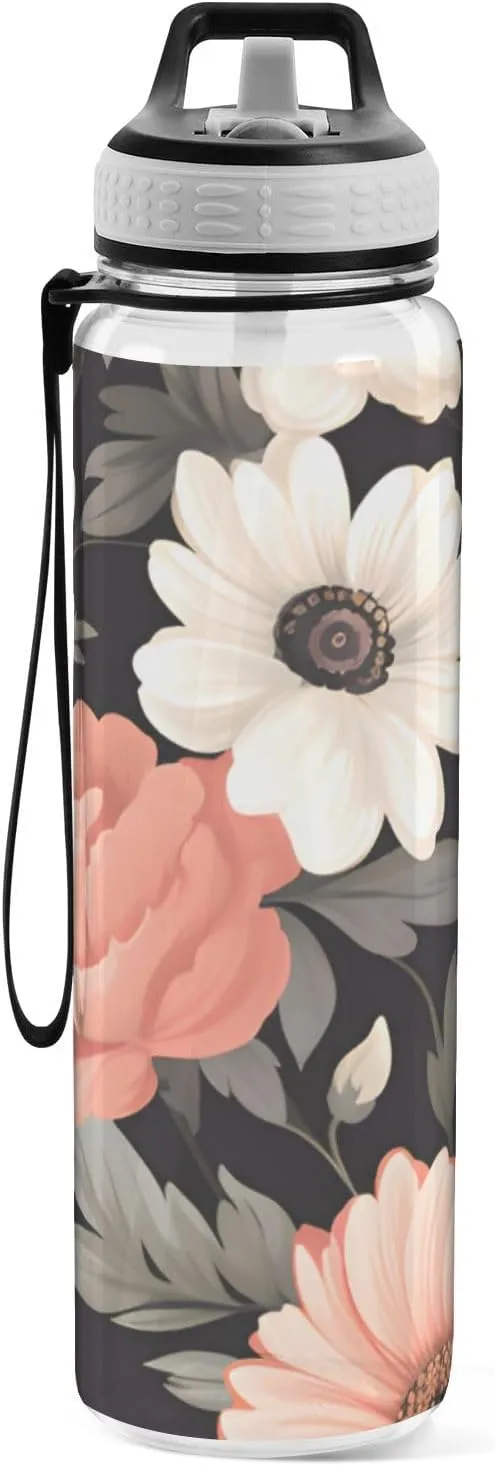 1000 ML Sports Water Bottle with Straw,Pink White Flower Reusable Water Bottle Leak Proof,BPA Free,Tritan Drink Bottle with Straw for Office,School,Gym,Outdoor Sports