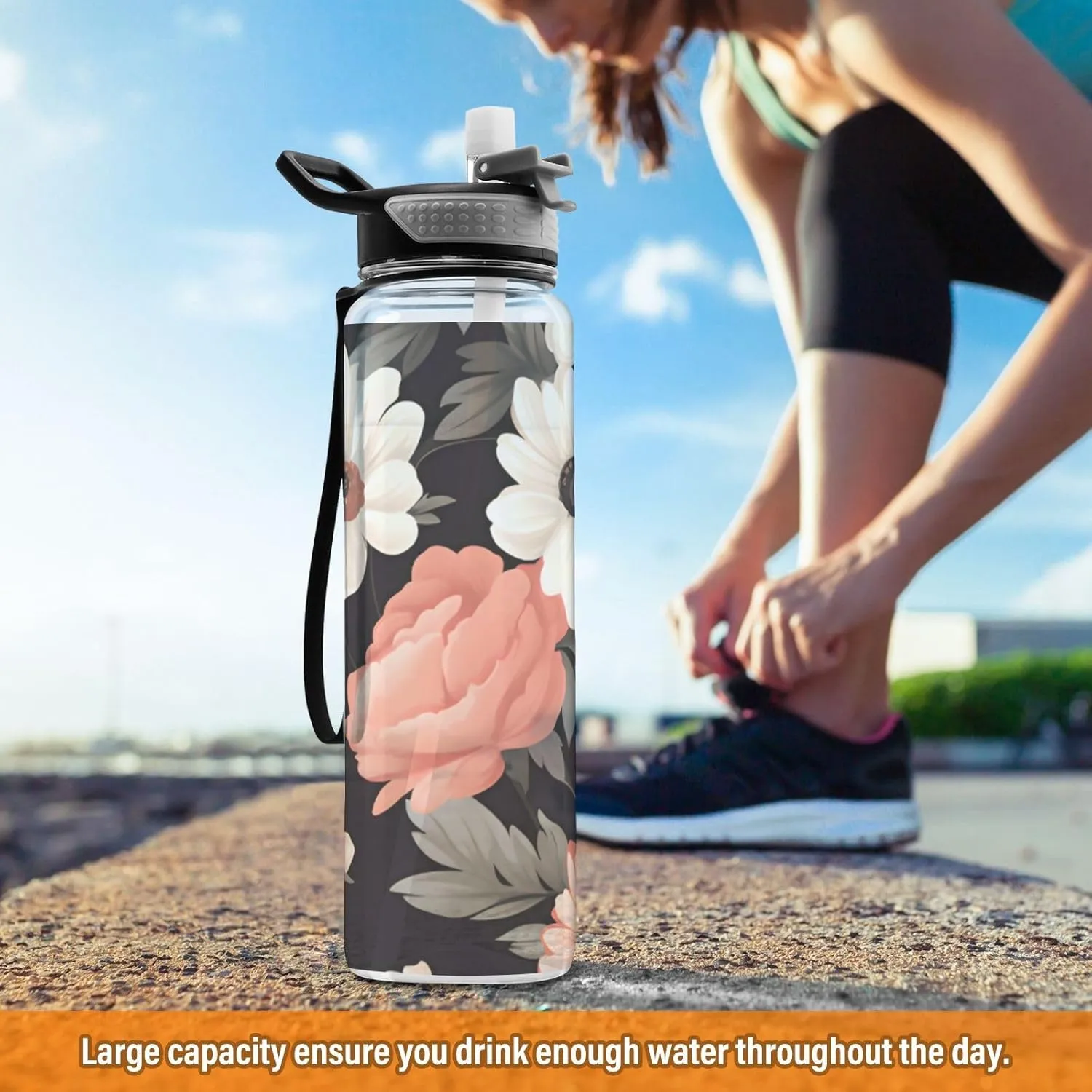 1000 ML Sports Water Bottle with Straw,Pink White Flower Reusable Water Bottle Leak Proof,BPA Free,Tritan Drink Bottle with Straw for Office,School,Gym,Outdoor Sports