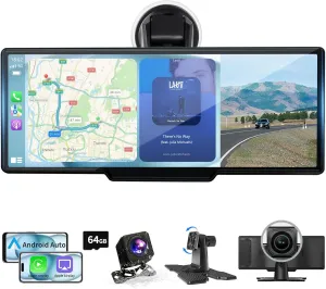 10.26" Wireless Carplay Screen with 4K Dash Cam, Portable Android Auto Screen, Car Stereo with 1080P Backup Camera, HD Touch Screen for All Vehicles, GPS Navigation, Mirror Link, Voice Control