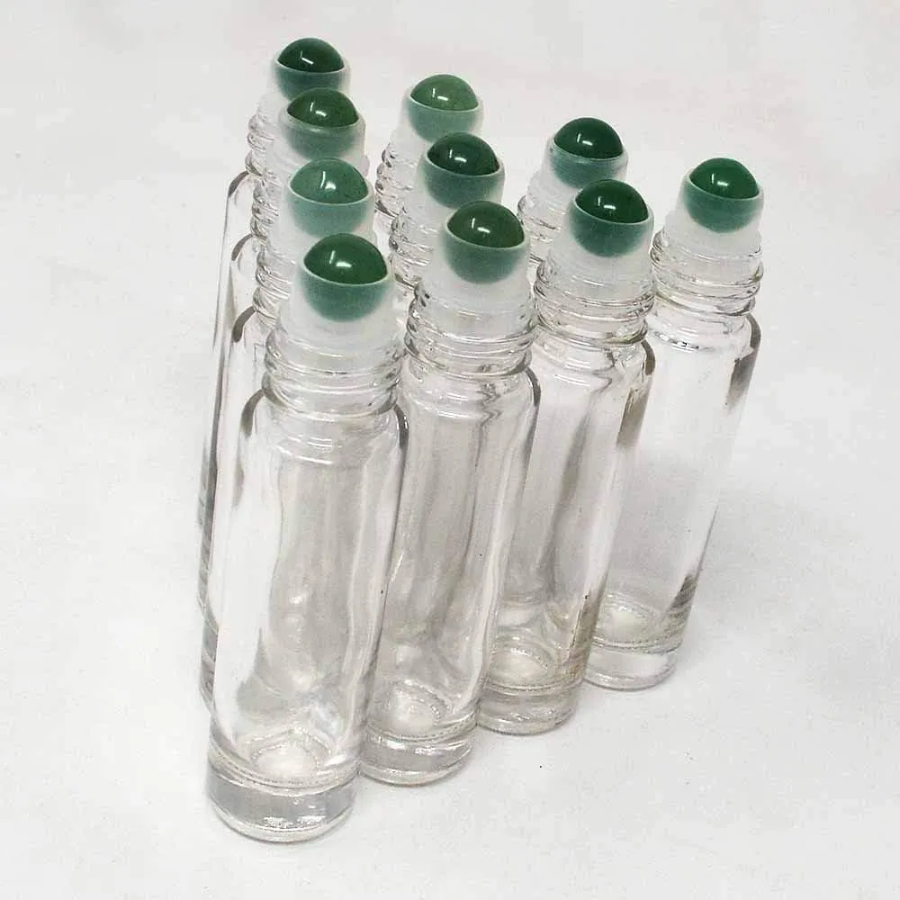10pcs Clear 10ml Empty Refillable Glass Bottles with Crystal Semiprecious Stones Essential Oil Gemstone Roller Ball Bottles with Silver Lid with Free Bag W3900 (Aventurine)