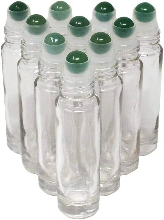 10pcs Clear 10ml Empty Refillable Glass Bottles with Crystal Semiprecious Stones Essential Oil Gemstone Roller Ball Bottles with Silver Lid with Free Bag W3900 (Aventurine)