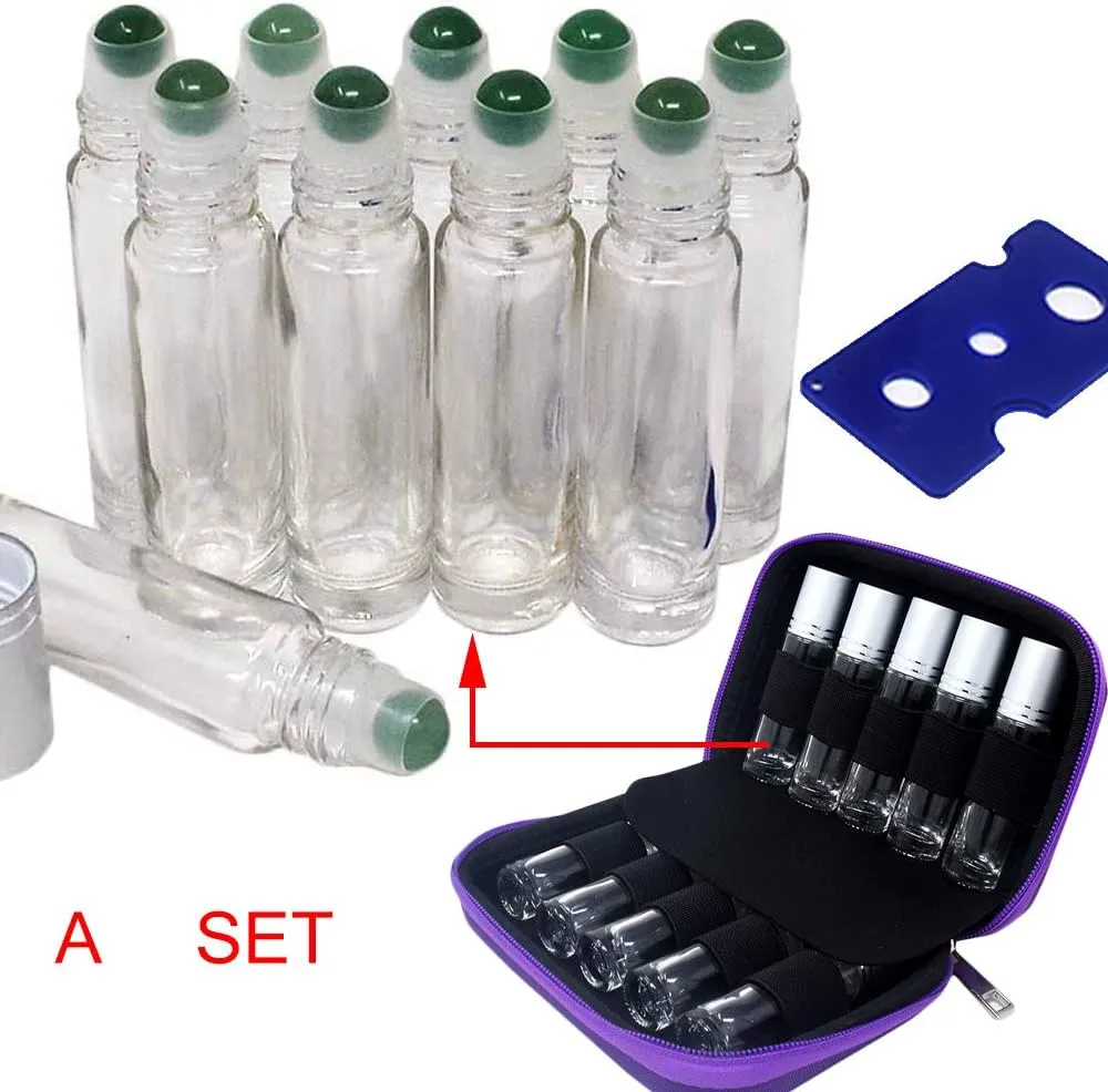 10pcs Clear 10ml Empty Refillable Glass Bottles with Crystal Semiprecious Stones Essential Oil Gemstone Roller Ball Bottles with Silver Lid with Free Bag W3900 (Aventurine)