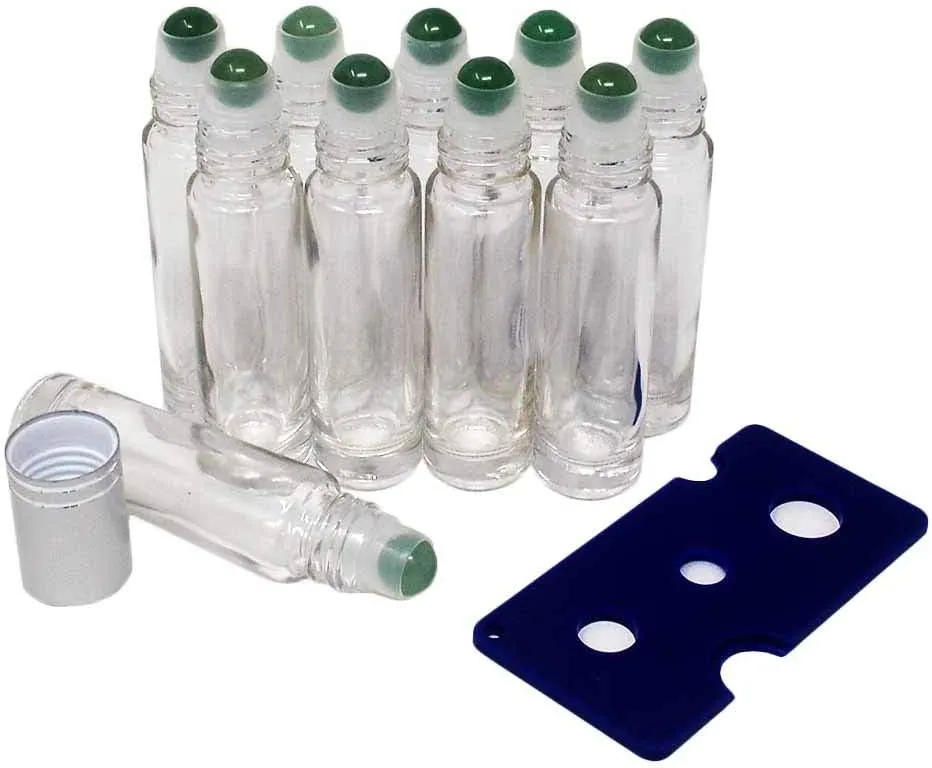 10pcs Clear 10ml Empty Refillable Glass Bottles with Crystal Semiprecious Stones Essential Oil Gemstone Roller Ball Bottles with Silver Lid with Free Bag W3900 (Aventurine)