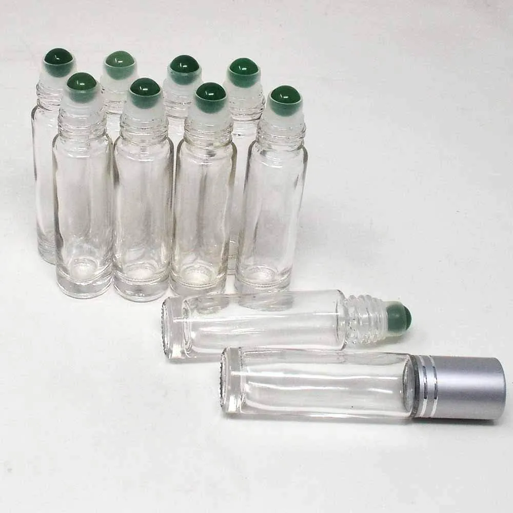 10pcs Clear 10ml Empty Refillable Glass Bottles with Crystal Semiprecious Stones Essential Oil Gemstone Roller Ball Bottles with Silver Lid with Free Bag W3900 (Aventurine)
