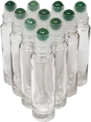 10pcs Clear 10ml Empty Refillable Glass Bottles with Crystal Semiprecious Stones Essential Oil Gemstone Roller Ball Bottles with Silver Lid with Free Bag W3900 (Aventurine)