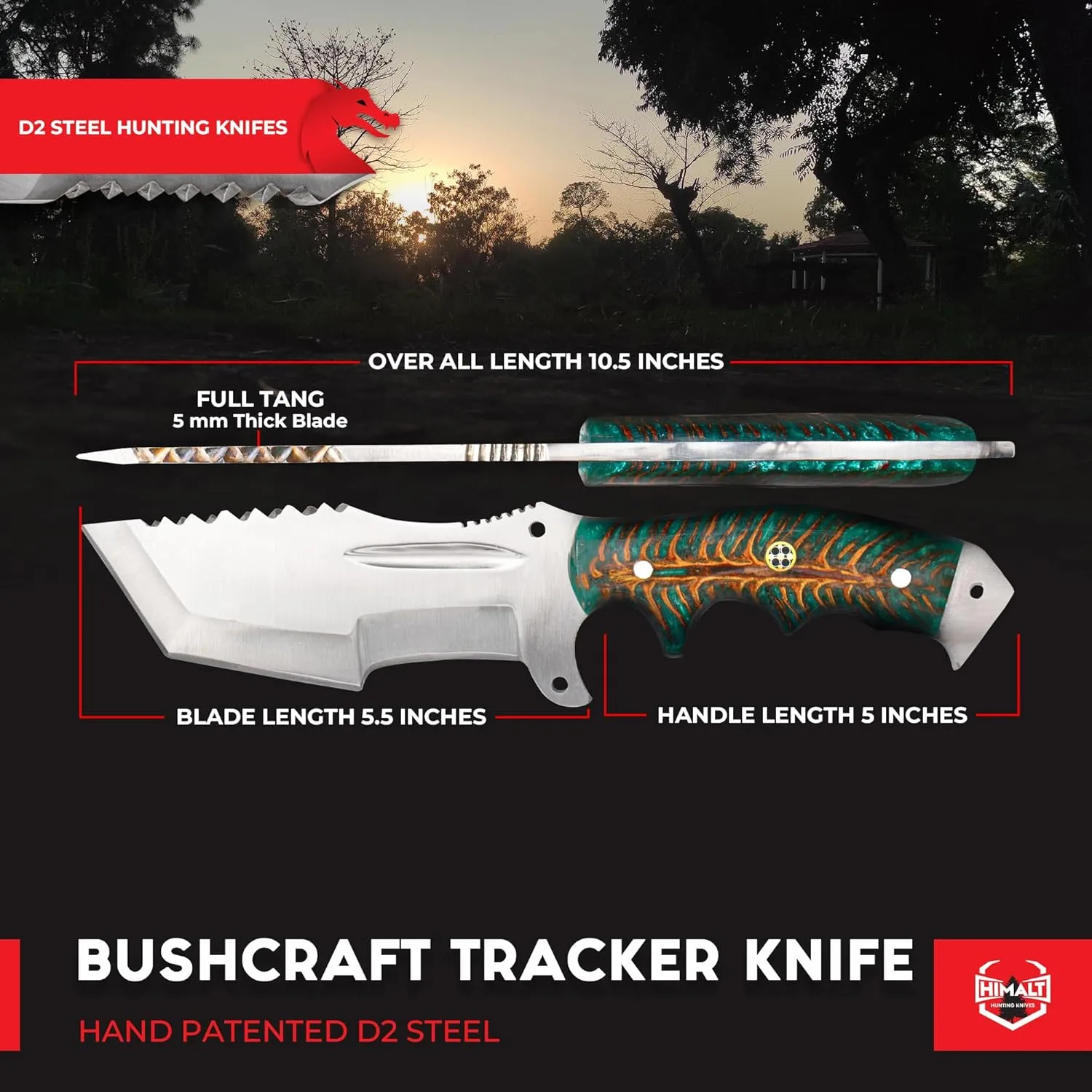 10"Handmade D2 Steel Tracker knife- Fixed Blade, Bushcraft, Hunting, Survival Knife With Sheath-Pine Cone Acrylic Resin Handle-Full Tang-Ideal For EDC, skinning,camping, Outdoor-Best Hunting Knives For Men.