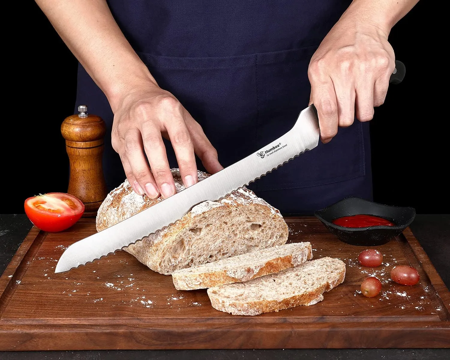 12 Inch Serrated Offset Bread Knife, Premium Stainless Steel Blade with Wave Edge, Full Tang Handle, Razor Sharp for Bread, Durable Professional Kitchen Knife, Black