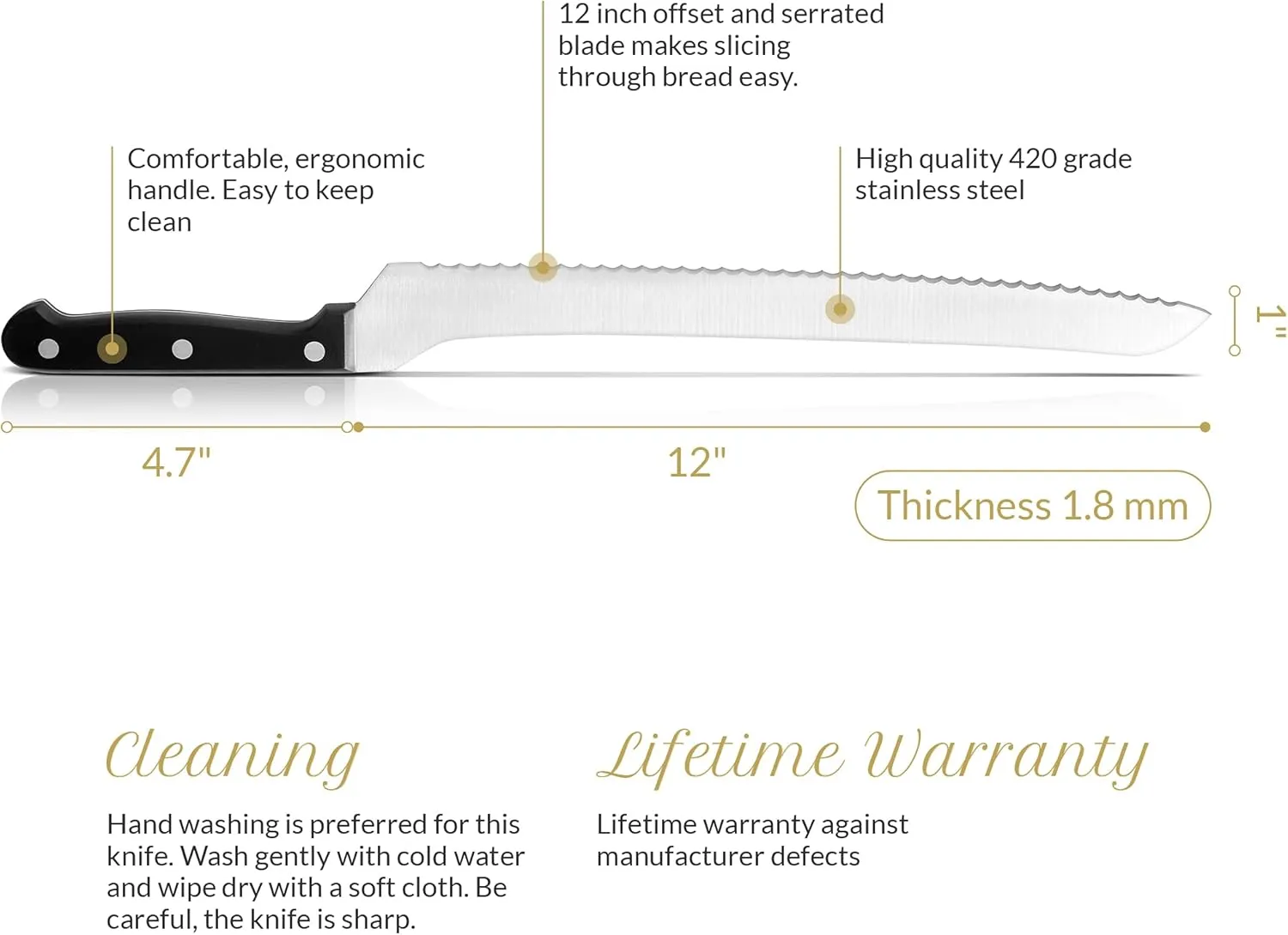 12 Inch Serrated Offset Bread Knife, Premium Stainless Steel Blade with Wave Edge, Full Tang Handle, Razor Sharp for Bread, Durable Professional Kitchen Knife, Black