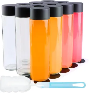 12 Pack 16oz Glass Water Bottles, 500ml Empty Glass Drink Bottles with Black Lids, Brush & Labels, Clear Reusable Juice Bottles for Juicing, Homemade Smoothies, Beverages