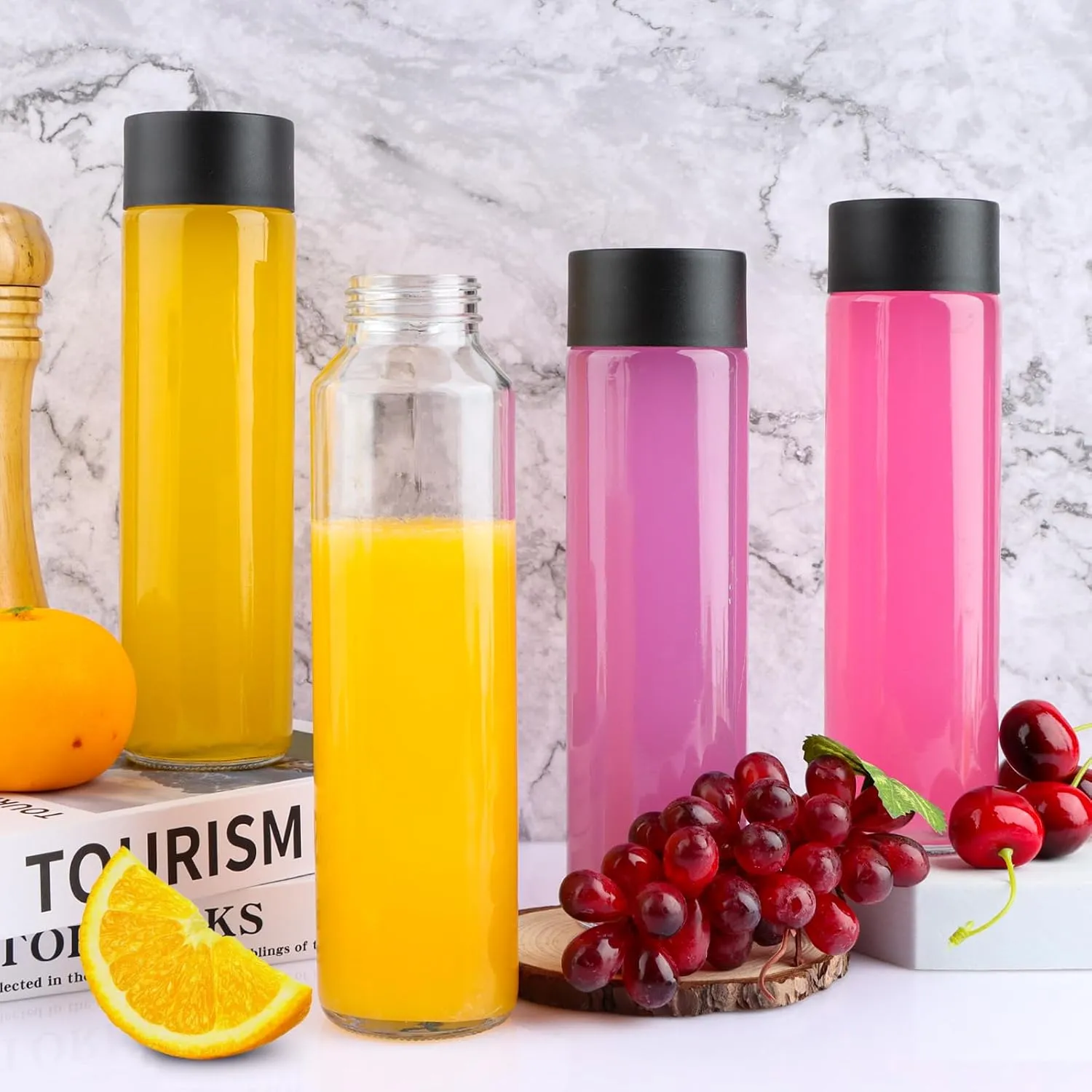 12 Pack 16oz Glass Water Bottles, 500ml Empty Glass Drink Bottles with Black Lids, Brush & Labels, Clear Reusable Juice Bottles for Juicing, Homemade Smoothies, Beverages