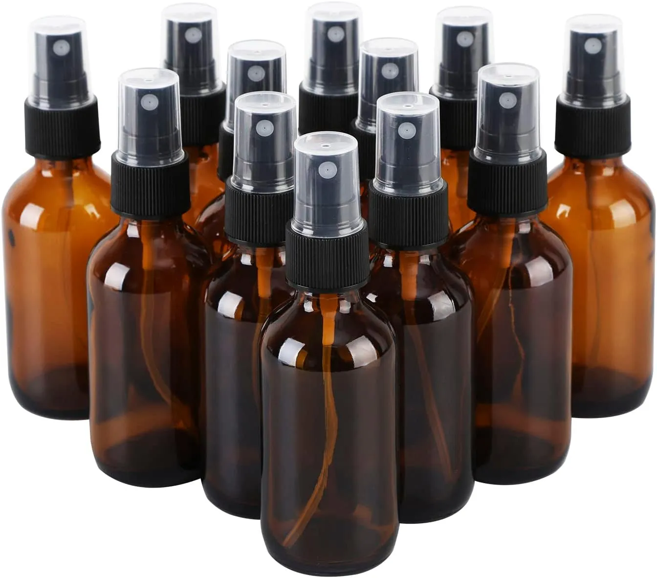 12 Pack Amber Glass Spray Bottles, 2oz/60ml Empty Glass Spray Bottles with Fine Mist, Small Leak Proof Travel Dispenser Bottles for Essential Oils, Bath, Beauty, Hair & Cleaning