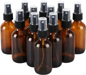 12 Pack Amber Glass Spray Bottles, 2oz/60ml Empty Glass Spray Bottles with Fine Mist, Small Leak Proof Travel Dispenser Bottles for Essential Oils, Bath, Beauty, Hair & Cleaning