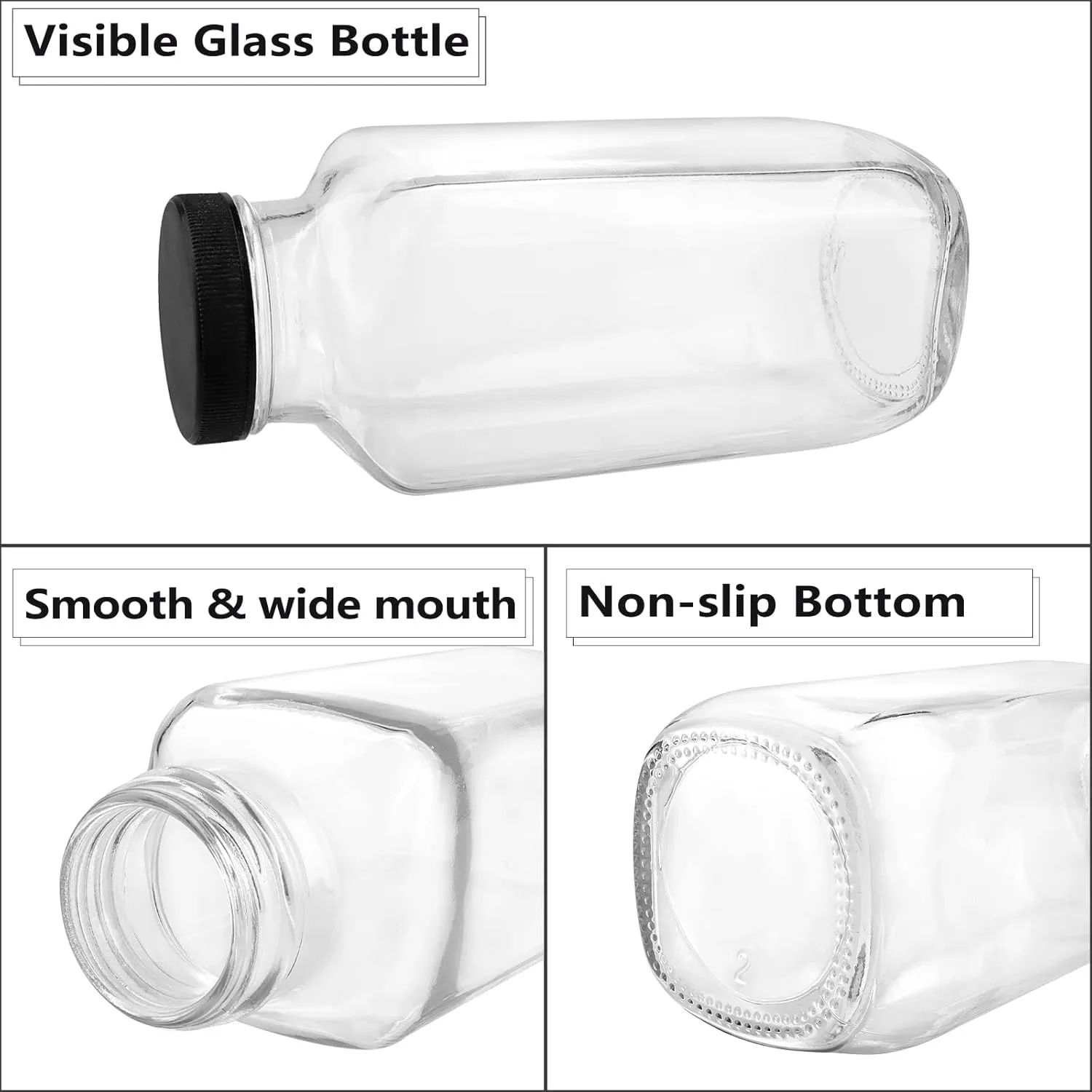 12 Pack Glass Drink Bottles, 16 OZ Vintage Square Water Bottles with Lids, Juice Bottles Beverages Containers for Milk, Kombucha, Smoothies