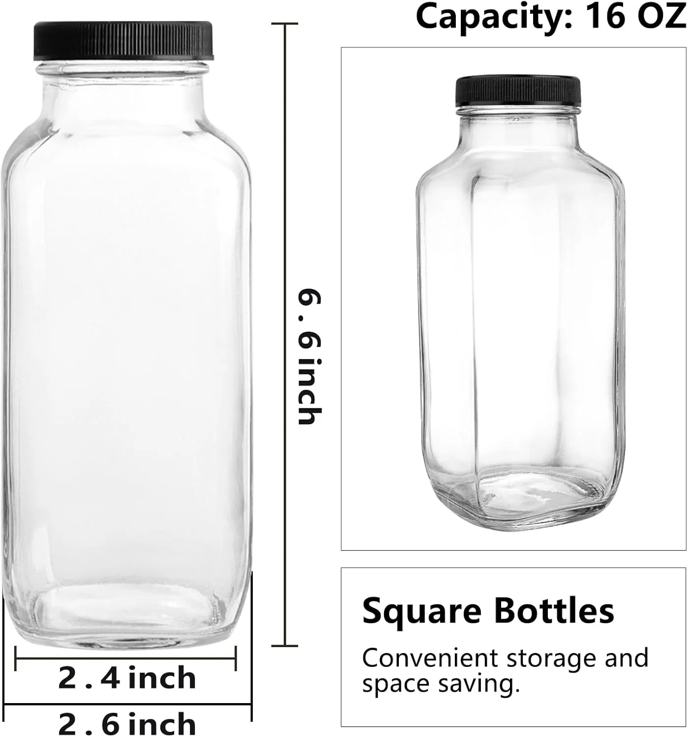 12 Pack Glass Drink Bottles, 16 OZ Vintage Square Water Bottles with Lids, Juice Bottles Beverages Containers for Milk, Kombucha, Smoothies