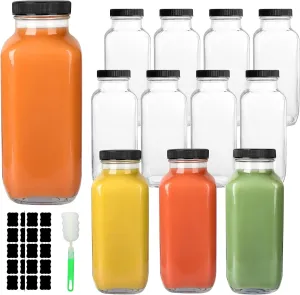 12 Pack Glass Drink Bottles, 16 OZ Vintage Square Water Bottles with Lids, Juice Bottles Beverages Containers for Milk, Kombucha, Smoothies