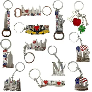 12 Pack Silver NYC Souvenir Collection New York Metal Keychain Ring Bundle Bulk Includes Empire State, Freedom Tower, Statue Of Liberty, USA Flag,NY Cab, Apple, 3 Pc Bottle Opener too And More