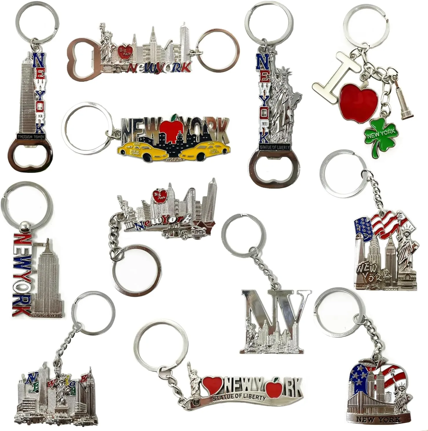 12 Pack Silver NYC Souvenir Collection New York Metal Keychain Ring Bundle Bulk Includes Empire State, Freedom Tower, Statue Of Liberty, USA Flag,NY Cab, Apple, 3 Pc Bottle Opener too And More