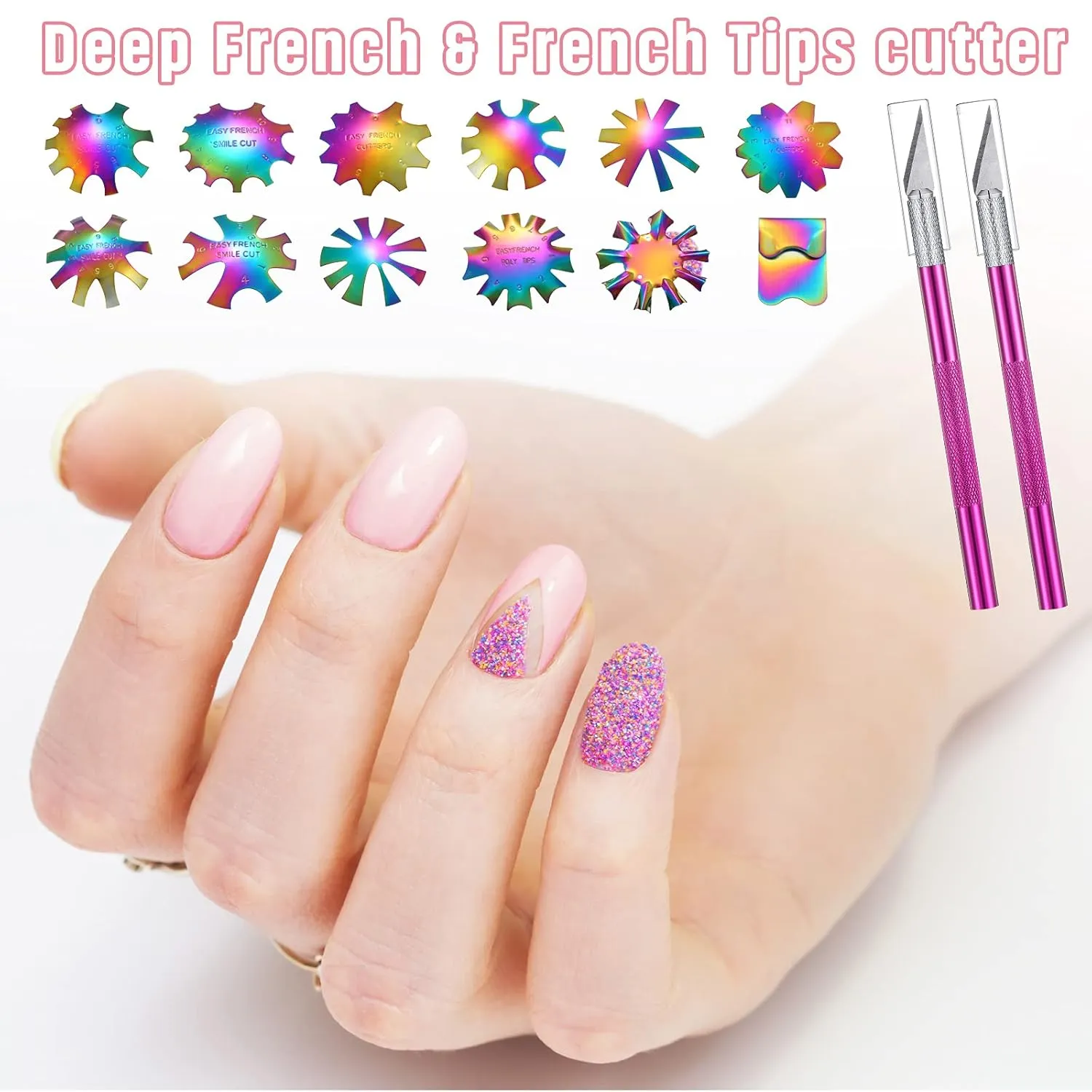 12 Pieces French Nail Trimmer Stainless Steel French Tip Cutters Smile Line Cutter Edge Manicure DIY Plate Module with 2 Handles Cutting Knife and 5 Spare Blade for Acrylic Nail(Colorful)