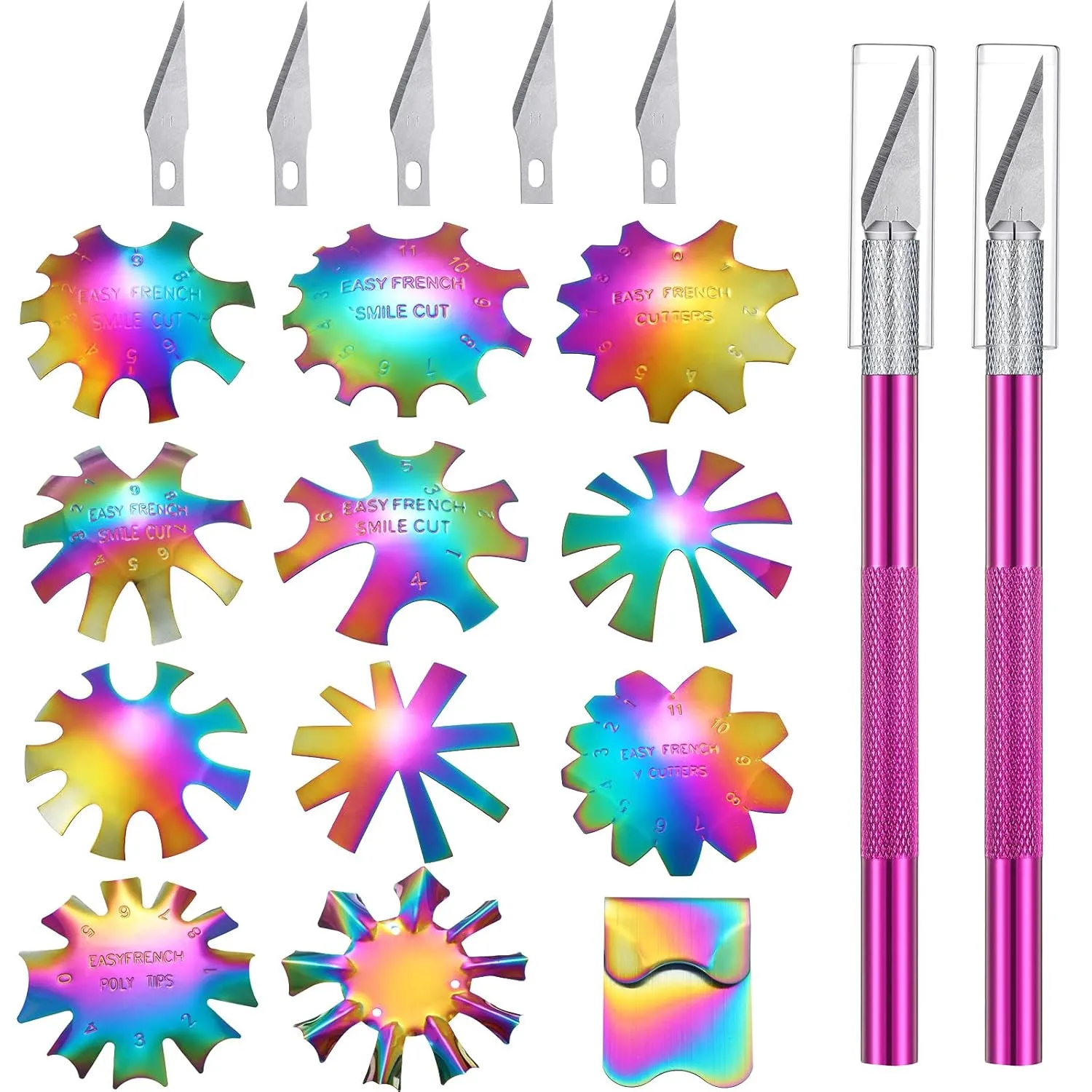 12 Pieces French Nail Trimmer Stainless Steel French Tip Cutters Smile Line Cutter Edge Manicure DIY Plate Module with 2 Handles Cutting Knife and 5 Spare Blade for Acrylic Nail(Colorful)