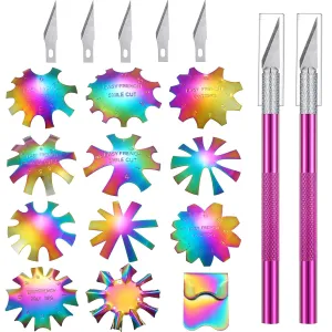 12 Pieces French Nail Trimmer Stainless Steel French Tip Cutters Smile Line Cutter Edge Manicure DIY Plate Module with 2 Handles Cutting Knife and 5 Spare Blade for Acrylic Nail(Colorful)