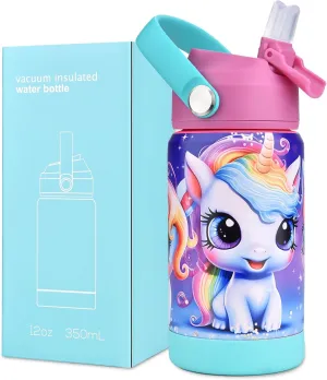 12oz Kids Insulated Water Bottle, Leak-proof Toddler Cup With Straws Lids, Kids Water Bottles For School Boys Girls, Stainless Steel Vacuum Insulated Bottle For Kids (Rainbow Unicorn)