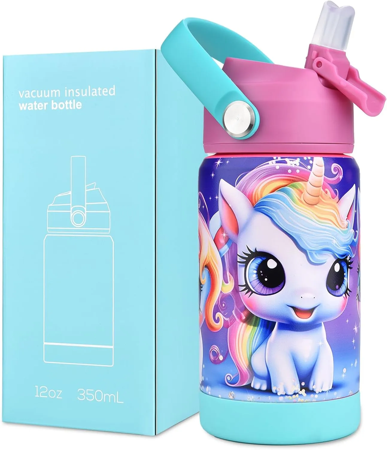 12oz Kids Insulated Water Bottle, Leak-proof Toddler Cup With Straws Lids, Kids Water Bottles For School Boys Girls, Stainless Steel Vacuum Insulated Bottle For Kids (Rainbow Unicorn)