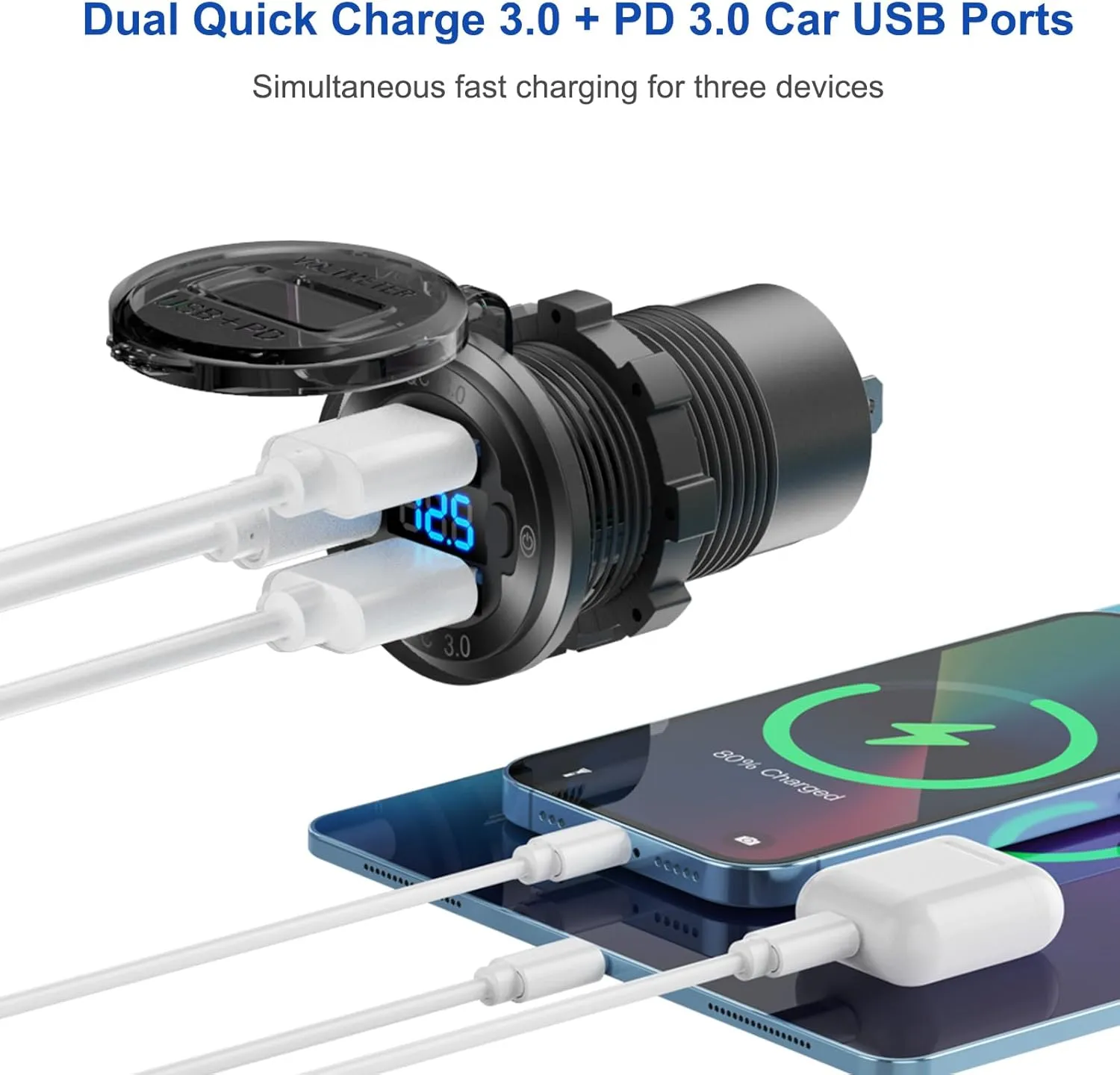 12V USB Outlet Marine Switch Panel Plug, PD3.0 and Dual QC3.0 USB Ports Aluminum Car Charger with LED Voltmeter Power Switch, Lighted 150W Cigarette Lighter Socket 2 in 1 DIY Kit for Boat RV ATV, etc.