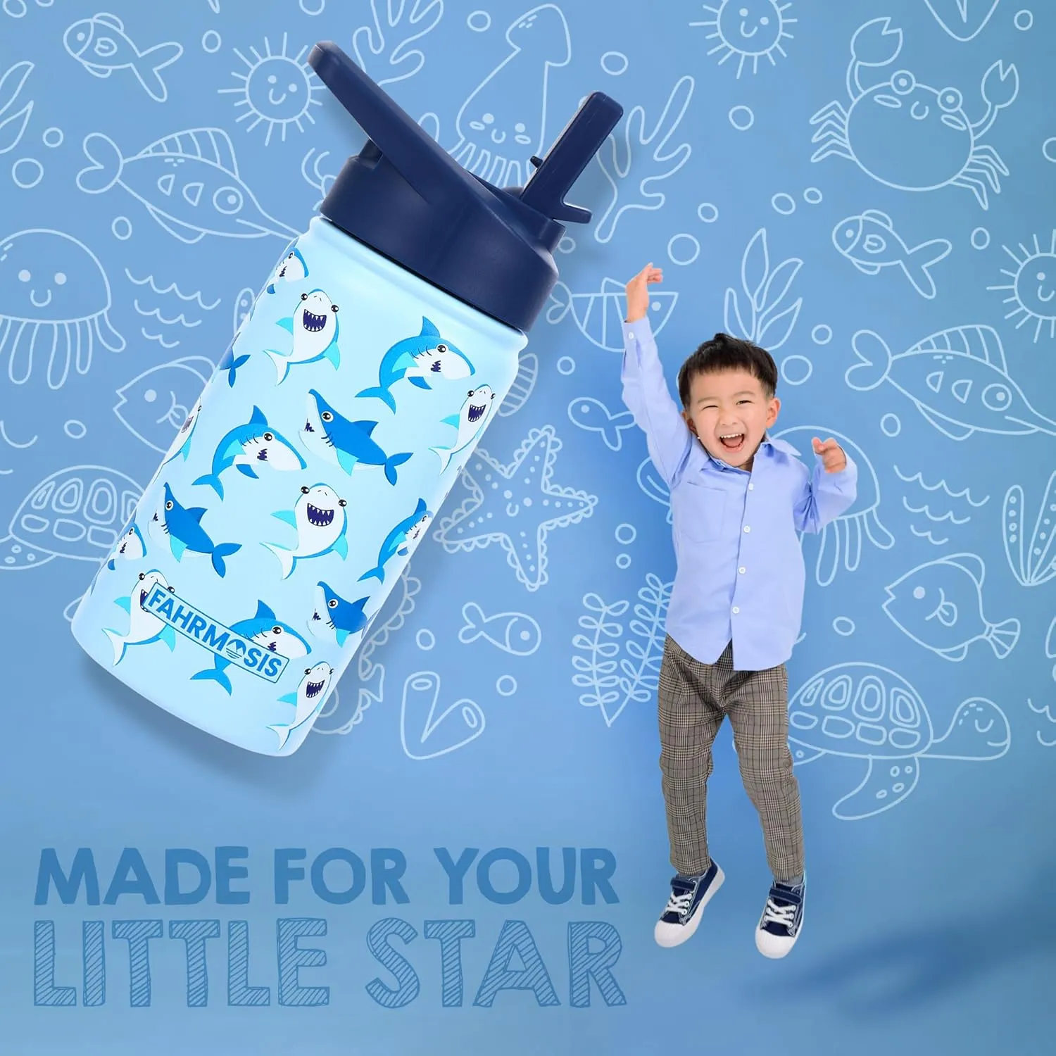 14 OZ Kids Water Bottle with Carrier Bag & Strap Leak Proof Metal Insulated Stainless Steel Tumbler with 2 Lids (Flip & Spout) for School & Sports Water Bottle with Straw - Blue (Shark)