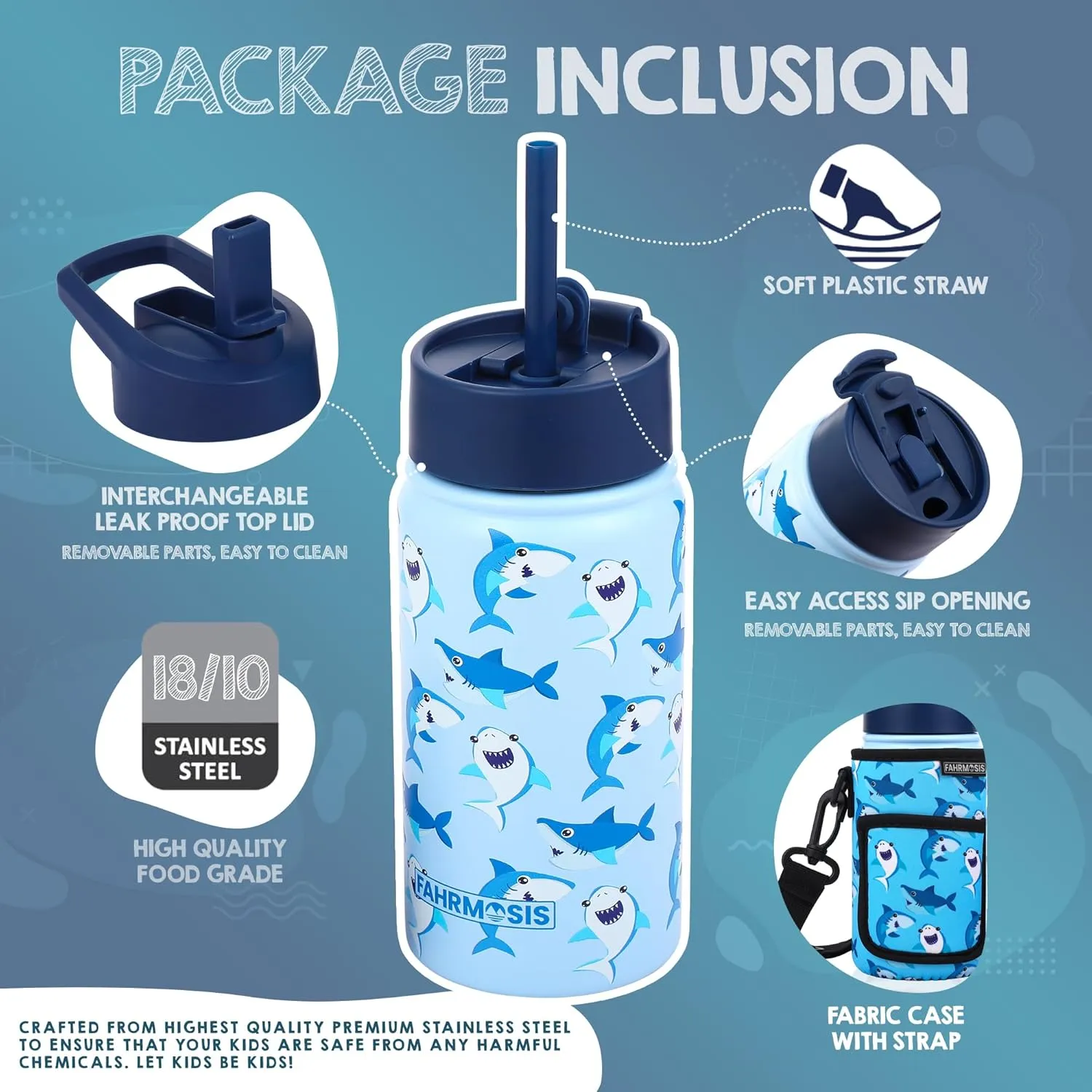 14 OZ Kids Water Bottle with Carrier Bag & Strap Leak Proof Metal Insulated Stainless Steel Tumbler with 2 Lids (Flip & Spout) for School & Sports Water Bottle with Straw - Blue (Shark)
