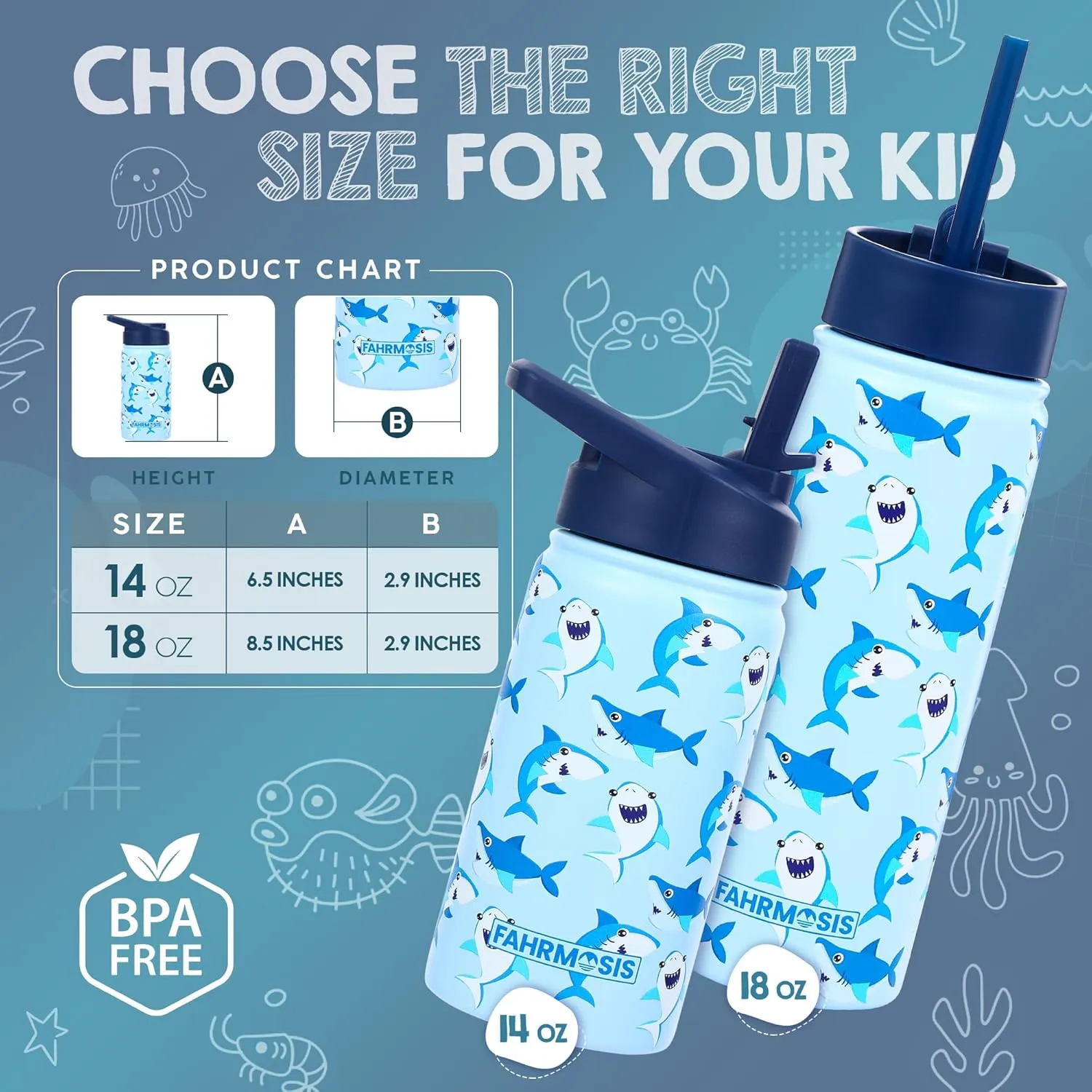 14 OZ Kids Water Bottle with Carrier Bag & Strap Leak Proof Metal Insulated Stainless Steel Tumbler with 2 Lids (Flip & Spout) for School & Sports Water Bottle with Straw - Blue (Shark)