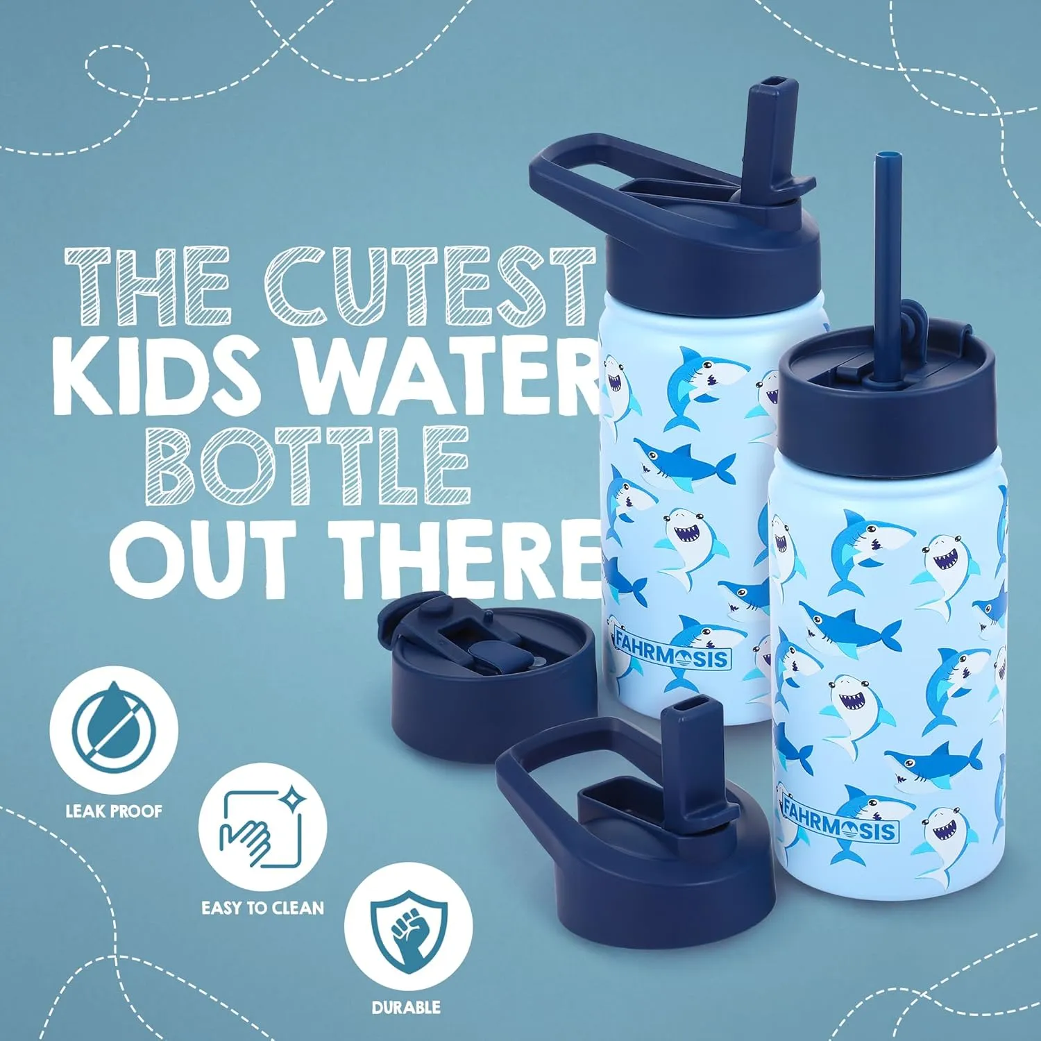 14 OZ Kids Water Bottle with Carrier Bag & Strap Leak Proof Metal Insulated Stainless Steel Tumbler with 2 Lids (Flip & Spout) for School & Sports Water Bottle with Straw - Blue (Shark)