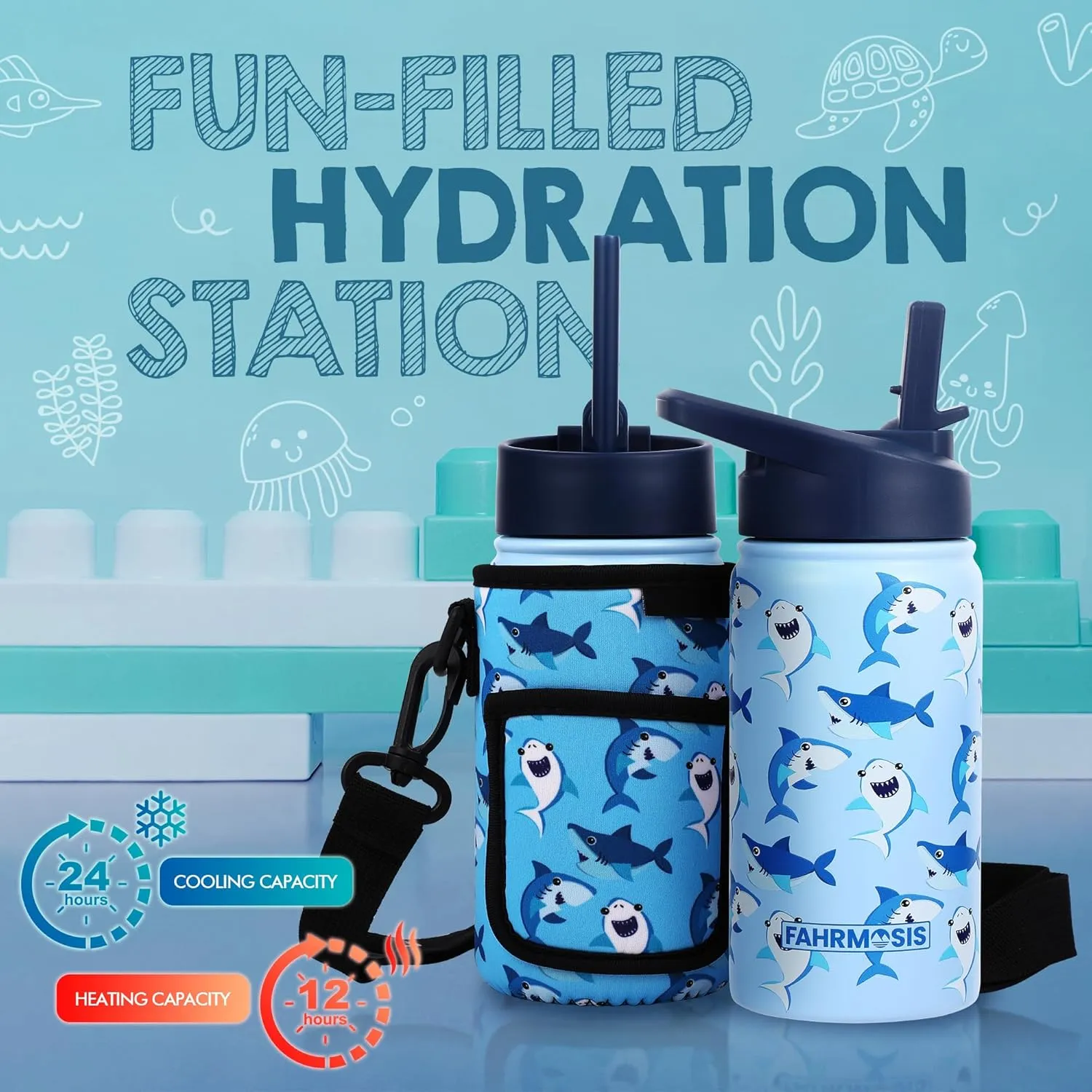 14 OZ Kids Water Bottle with Carrier Bag & Strap Leak Proof Metal Insulated Stainless Steel Tumbler with 2 Lids (Flip & Spout) for School & Sports Water Bottle with Straw - Blue (Shark)