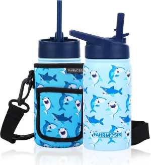 14 OZ Kids Water Bottle with Carrier Bag & Strap Leak Proof Metal Insulated Stainless Steel Tumbler with 2 Lids (Flip & Spout) for School & Sports Water Bottle with Straw - Blue (Shark)