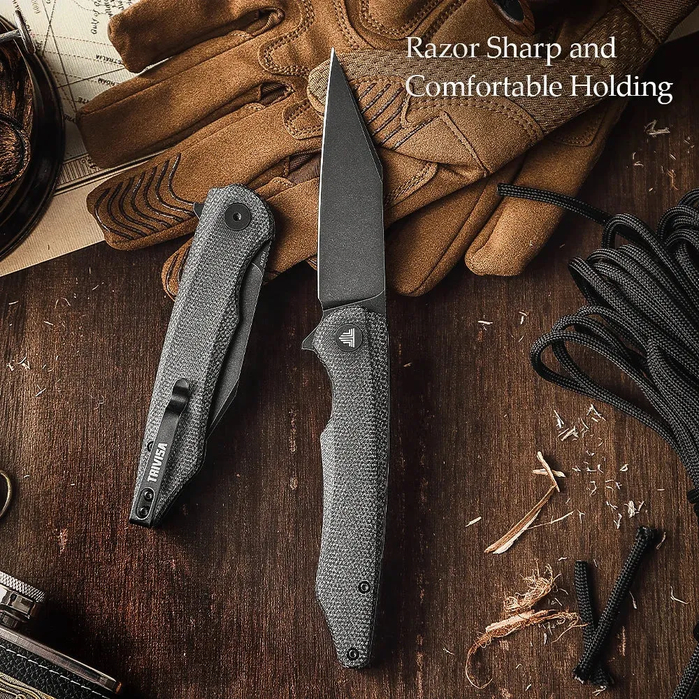 14C28N Stonwashed Blade Knife | Micarta Handle | Folding with Clip | 58-62HRC