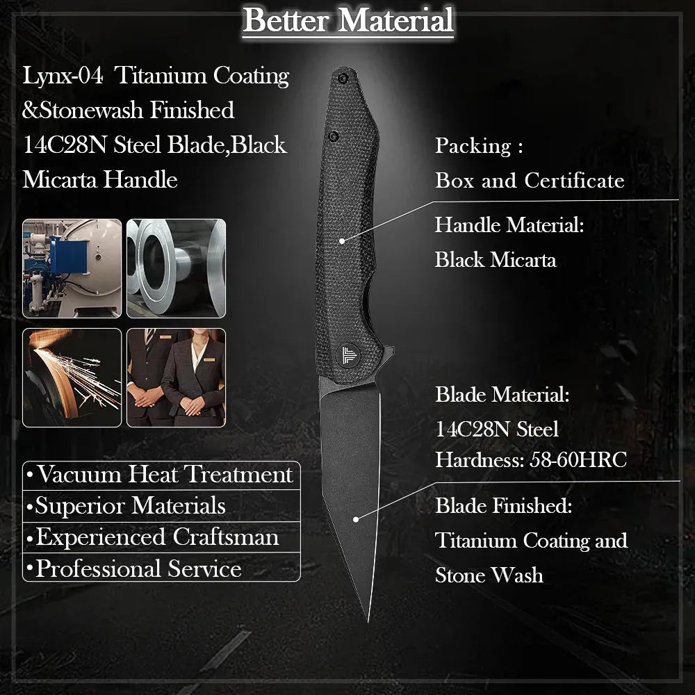 14C28N Stonwashed Blade Knife | Micarta Handle | Folding with Clip | 58-62HRC