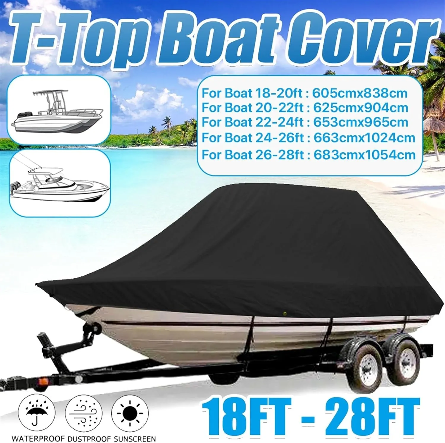 18-28ft 600D Jumbos Cruiser Boat-Cover Heavy-Duty Oceansouth Marine Water Sun Proof UV Protection Fish-Ski VHull Mooring Cover(18-20FT)