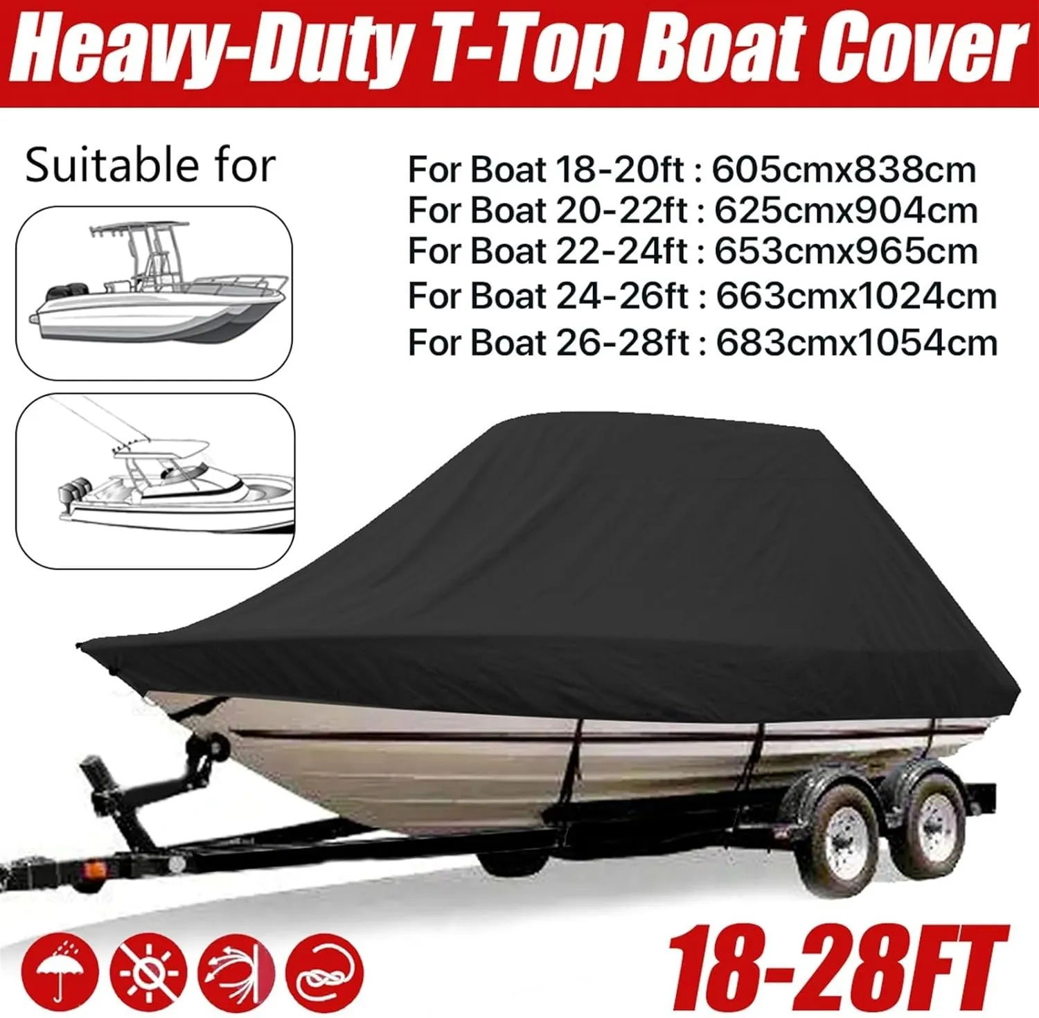 18-28ft 600D Jumbos Cruiser Boat-Cover Heavy-Duty Oceansouth Marine Water Sun Proof UV Protection Fish-Ski VHull Mooring Cover(18-20FT)