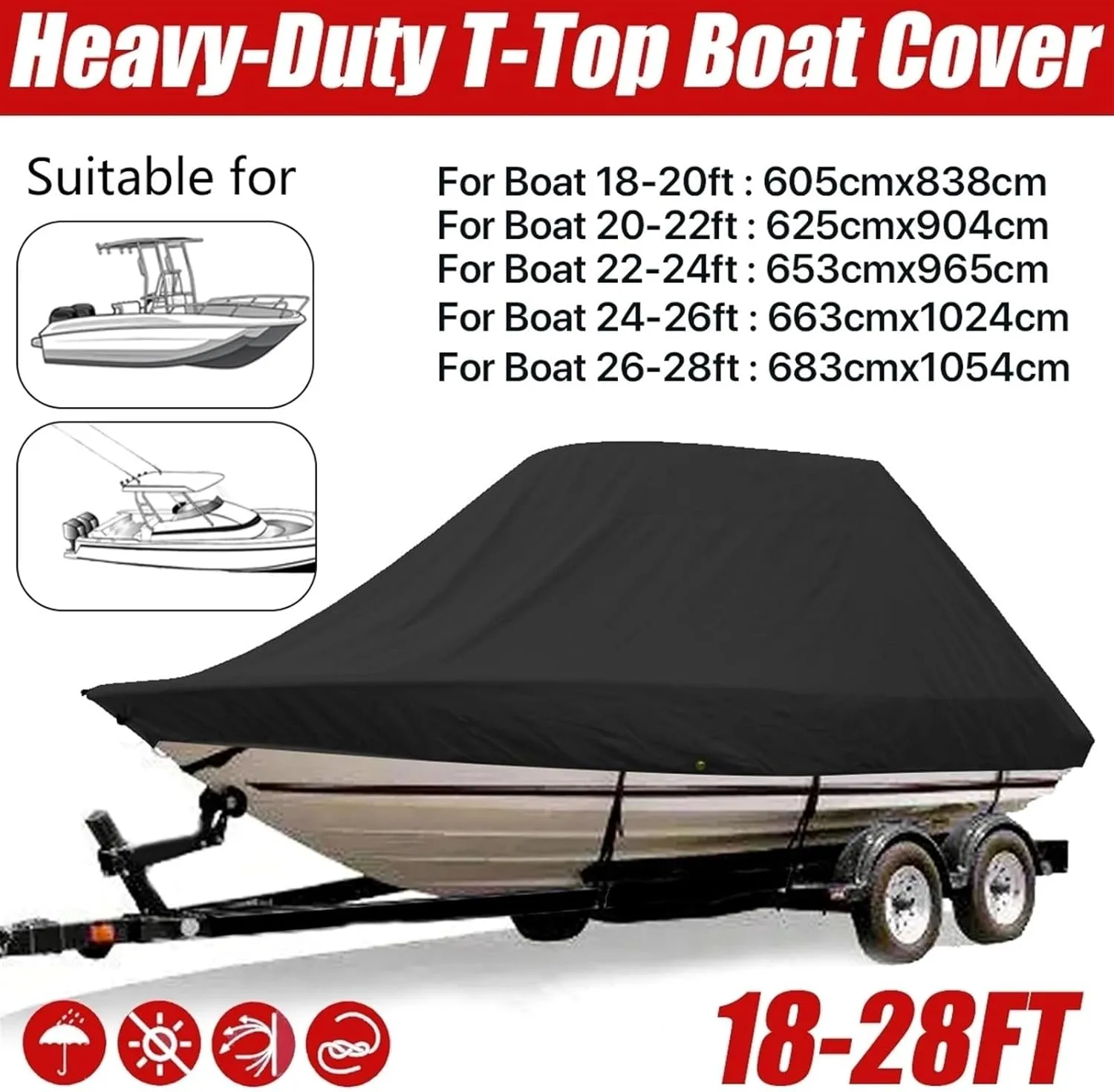 18-28ft 600D Jumbos Cruiser Boat-Cover Heavy-Duty Oceansouth Marine Water Sun Proof UV Protection Fish-Ski VHull Mooring Cover(Grey 18-20ft)