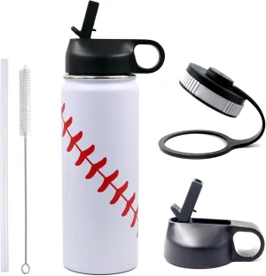 18 oz Baseball Water Bottle, Sports Flask Metal Thermos Travel Tumbler with 2 Lids, Stainless Steel Double Wall Vacuum Insulated Water Bottles, Baseball Accessories Stuff Gifts for Boys Girls Player
